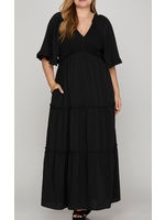 SSPSY8635 - PLUS - FLUTTER BELL SLEEVE SMOCKED TIERED MAXI DRESS WITH POCKETS