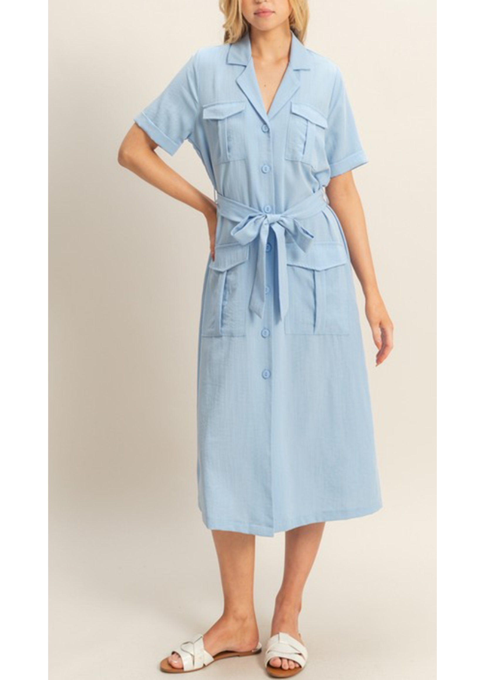 HFHf24A994-BUTTON FRONT BELTED  SAFARI DRESS