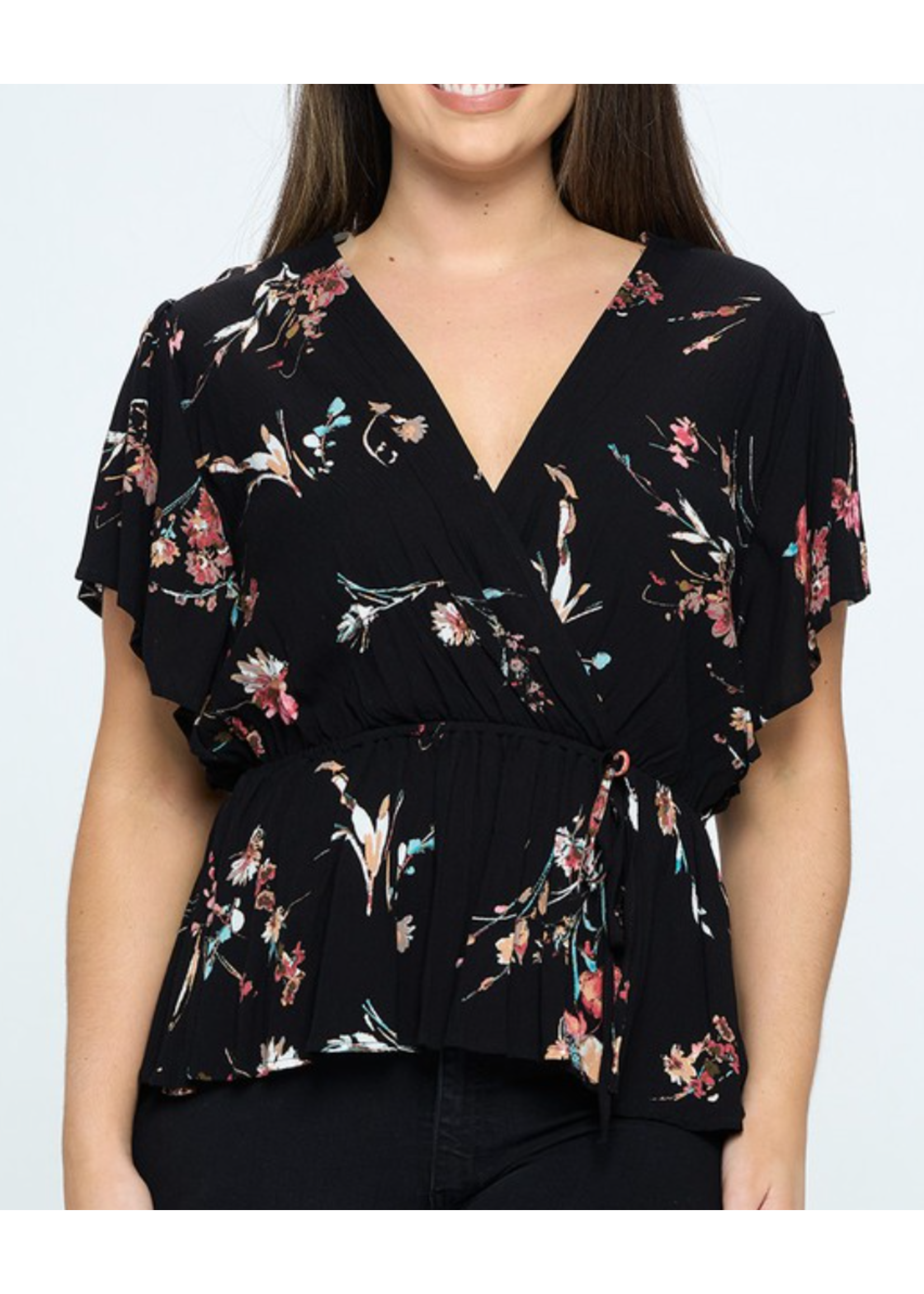 TPIT4063 - Plus Floral Print Wrap-style Peplum Blouse