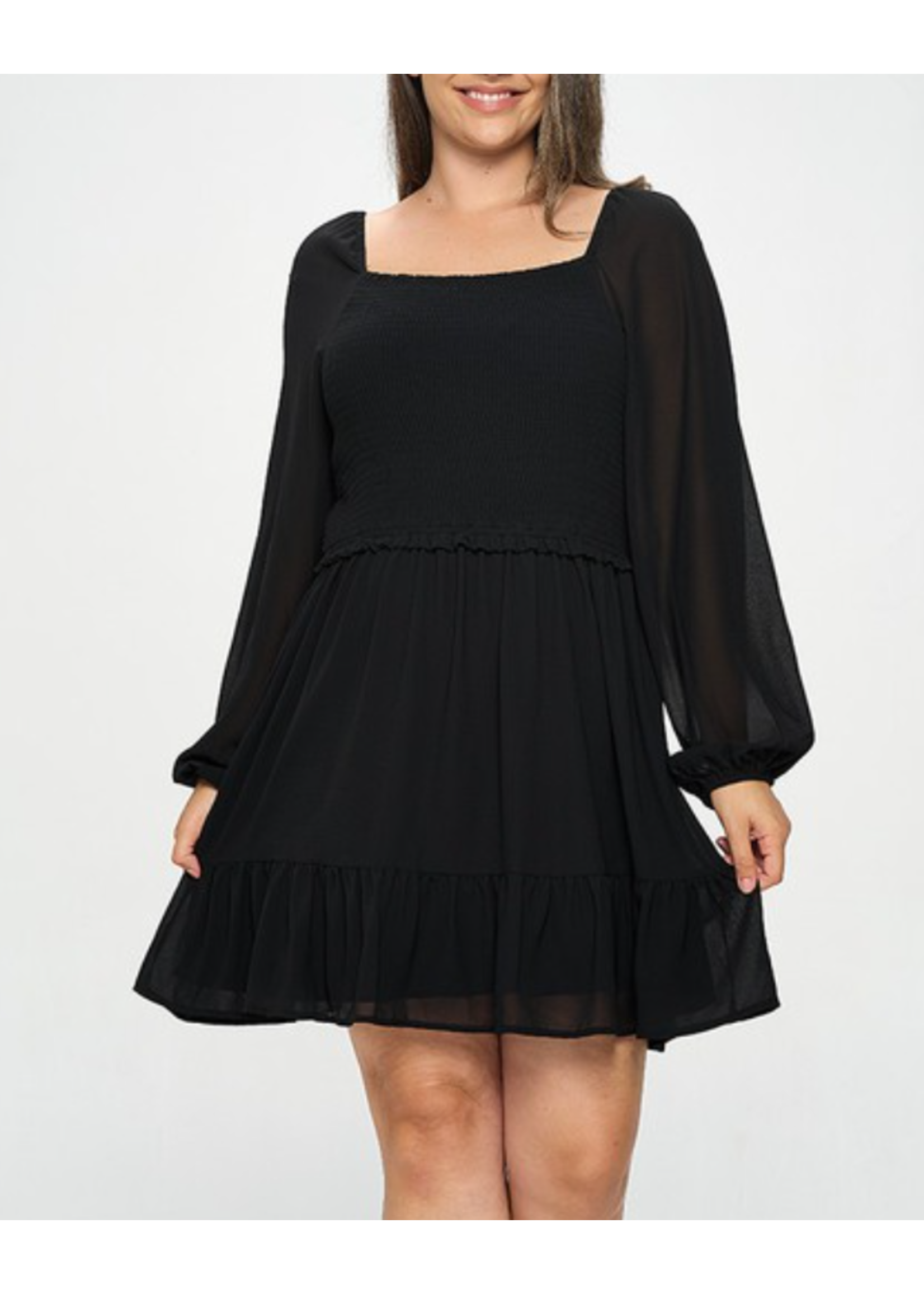 TPITD5658 - Plus Smocked Bodice Long Sleeve Dress