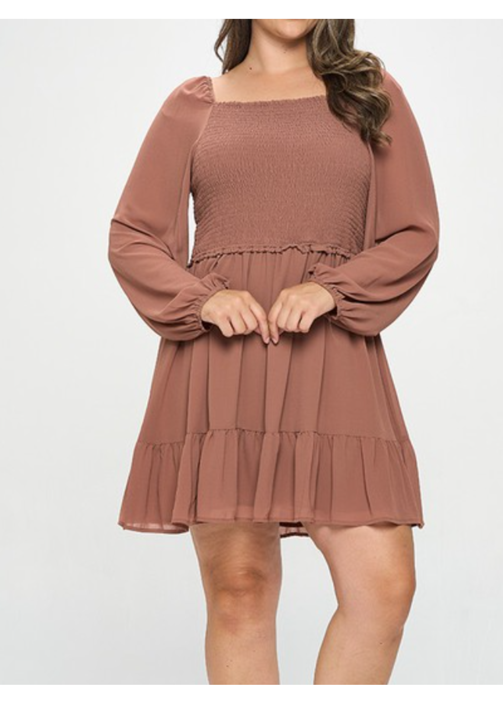 TPITD5658 - Plus Smocked Bodice Long Sleeve Dress