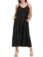 ZNMD9090 - Plus V-neck Cami Maxi Tiered Dress W/ Side Pockets