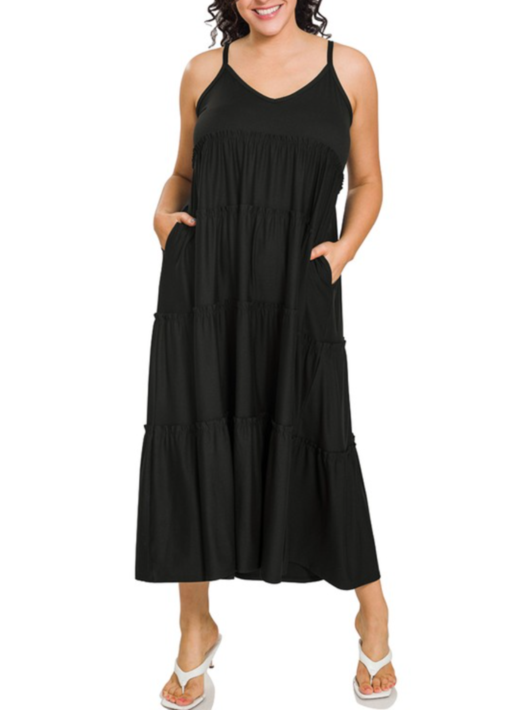 ZNMD9090 - Plus V-neck Cami Maxi Tiered Dress W/ Side Pockets