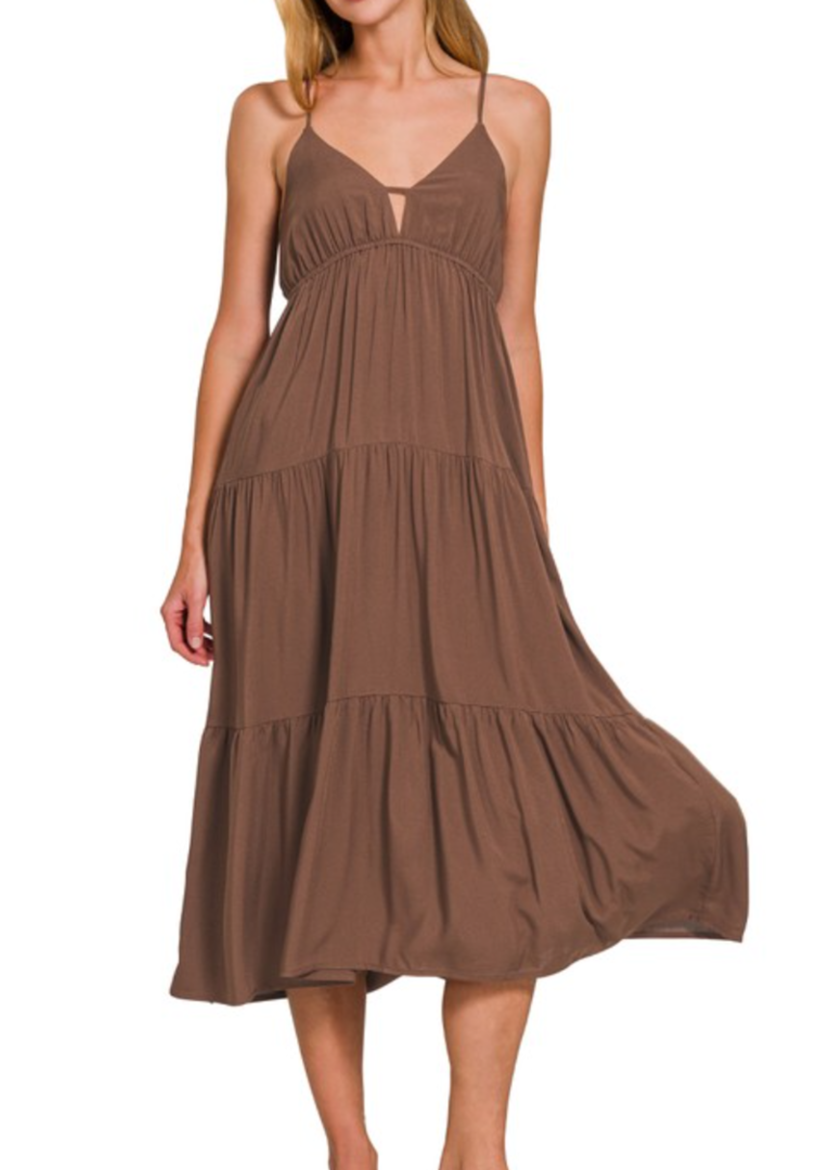 ZNQD7176Y - Woven Sweetheart Neckline Tiered Cami Midi Dress