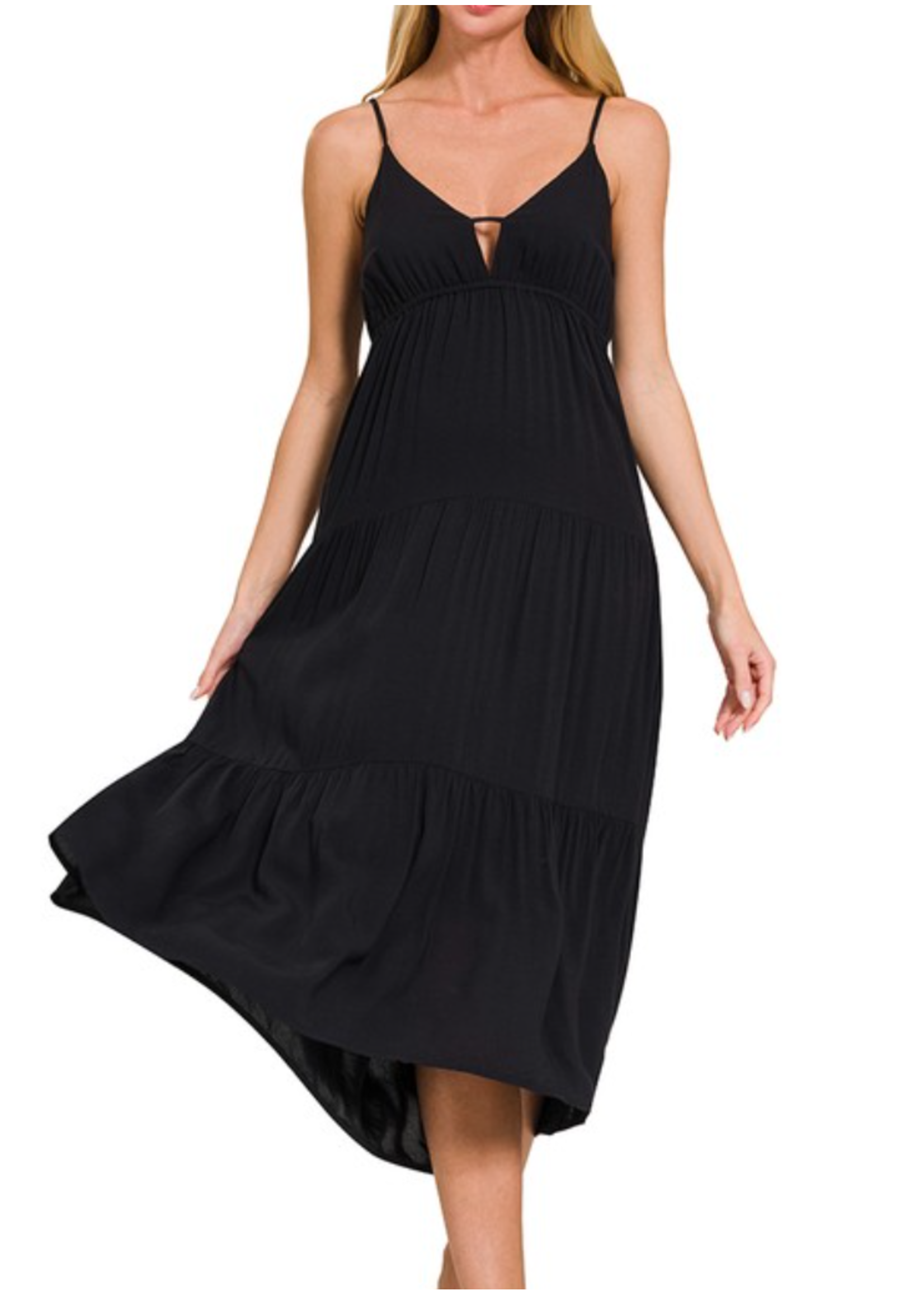 ZNQD7176Y - Woven Sweetheart Neckline Tiered Cami Midi Dress