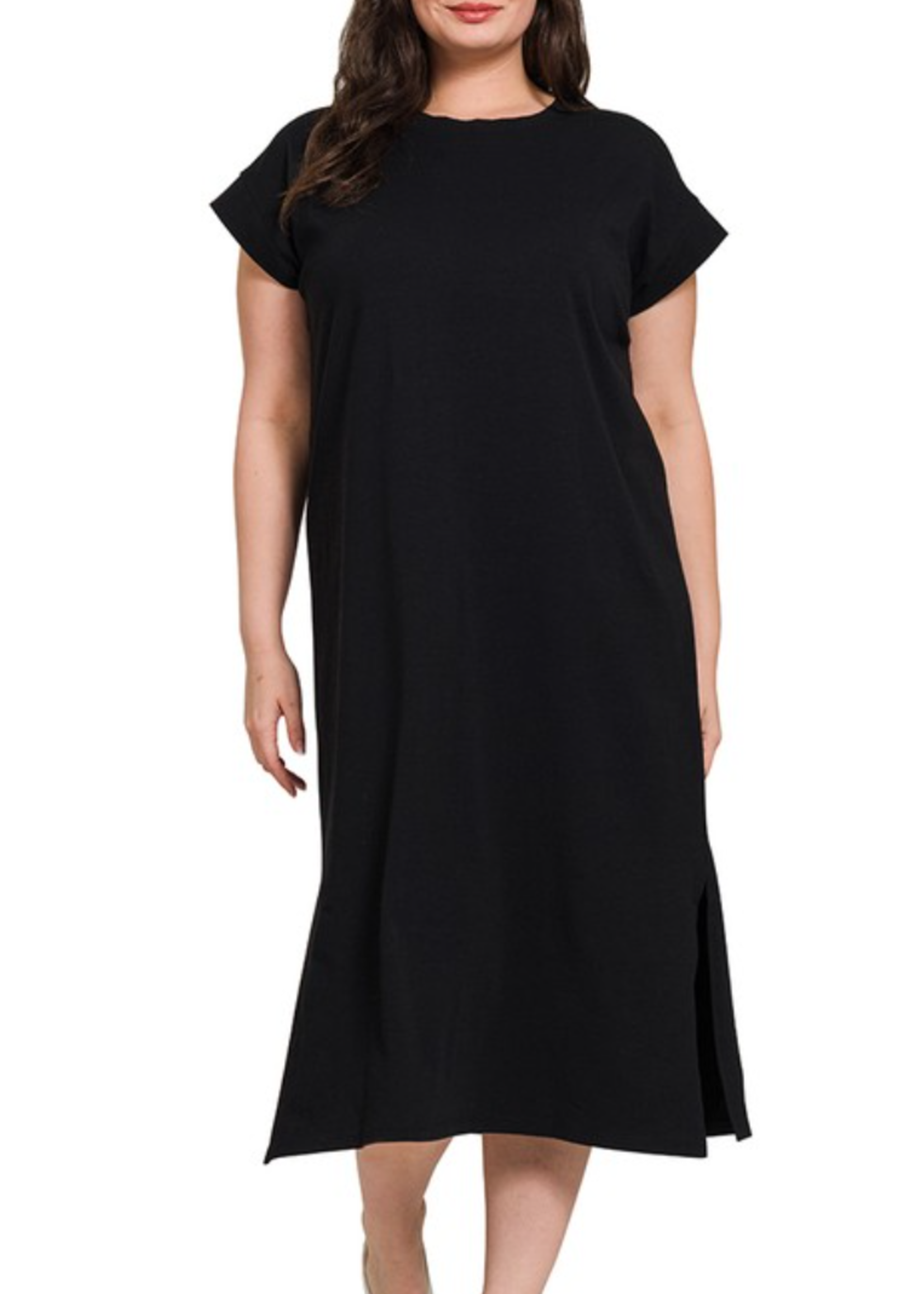 ZNCD3413X5 -  Plus Round Neck Short Sleeve Midi Dress
