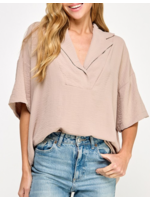 2HT4063 - SOLID COLLARED W DROPSHOULDER SHORT SLEEVE BLOUSE