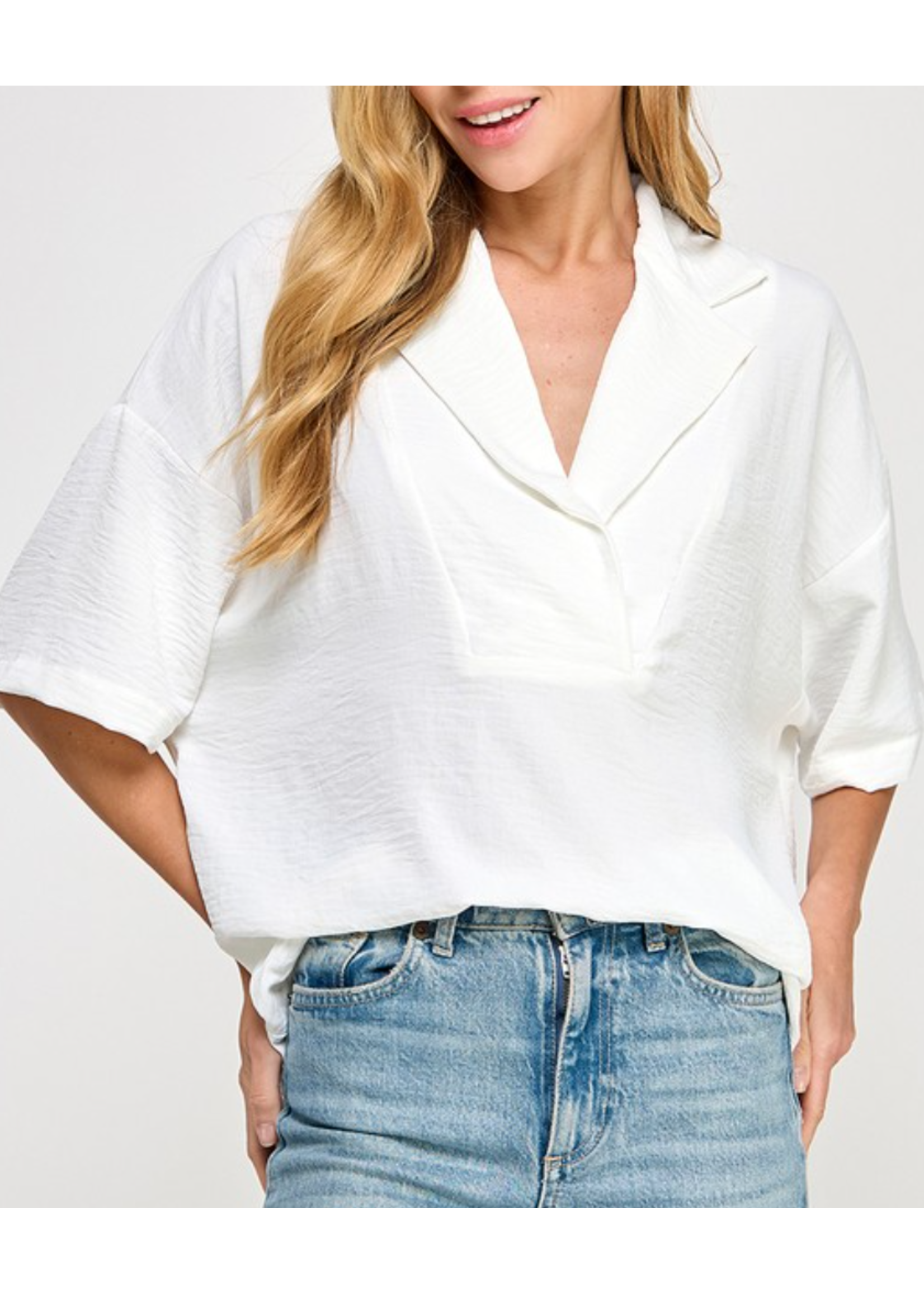 2HT4063 - SOLID COLLARED W DROPSHOULDER SHORT SLEEVE BLOUSE