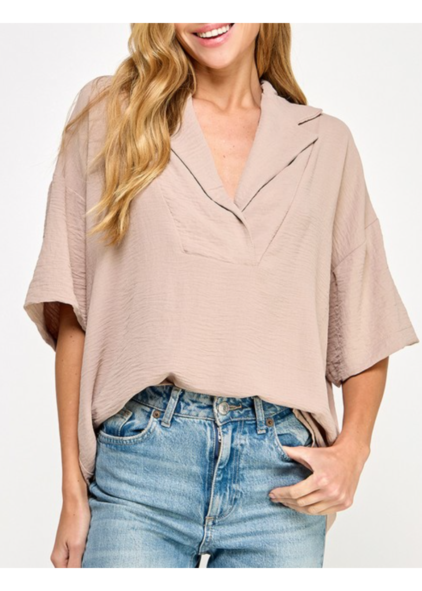 2HT4063 - SOLID COLLARED W DROPSHOULDER SHORT SLEEVE BLOUSE