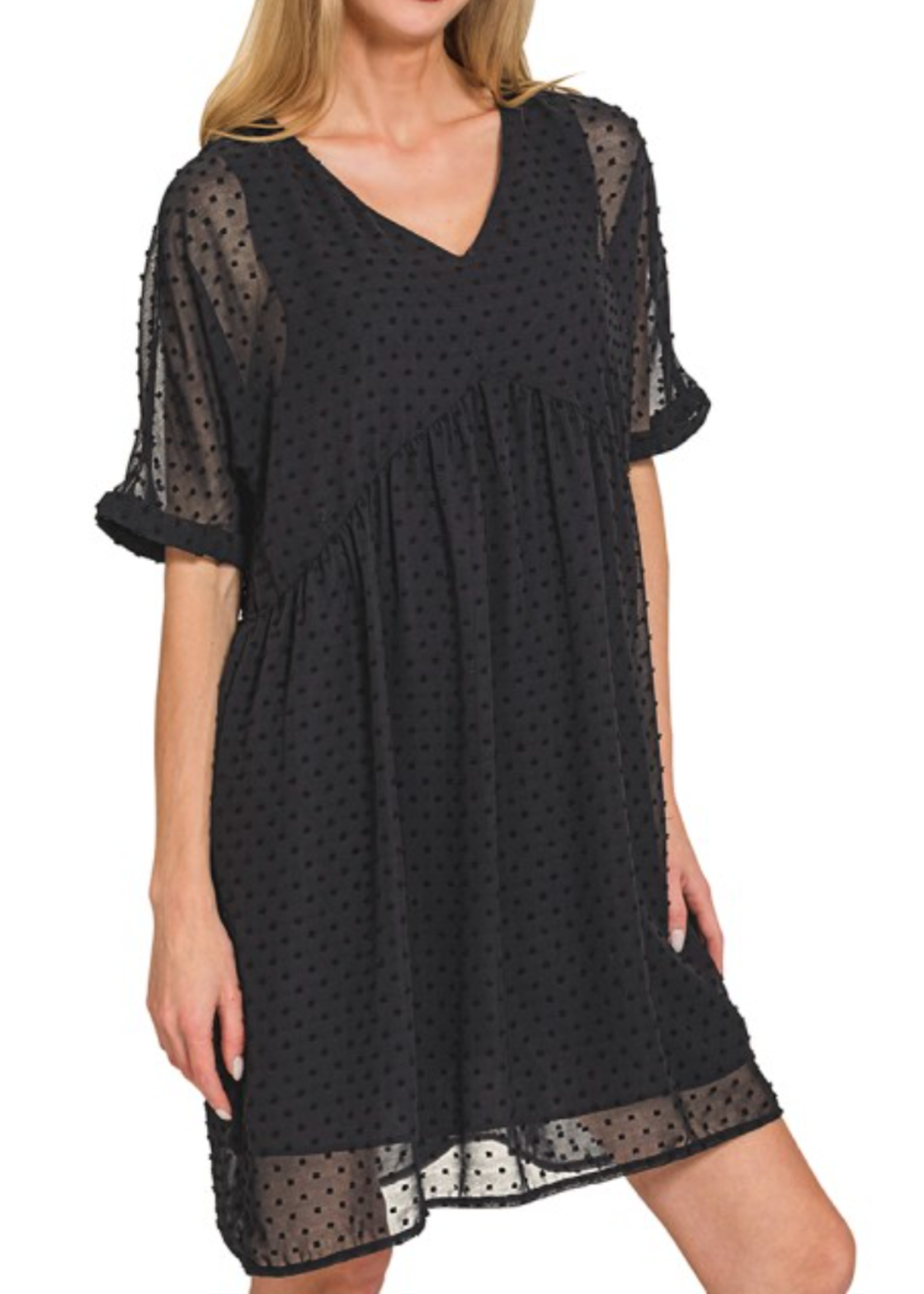 ZNQS7118 - SWISS DOT BABYDOLL VNECK DRESS