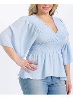 SMH14591PLWT - Plus Size Smocked V-neck Short-sleeve Blouse
