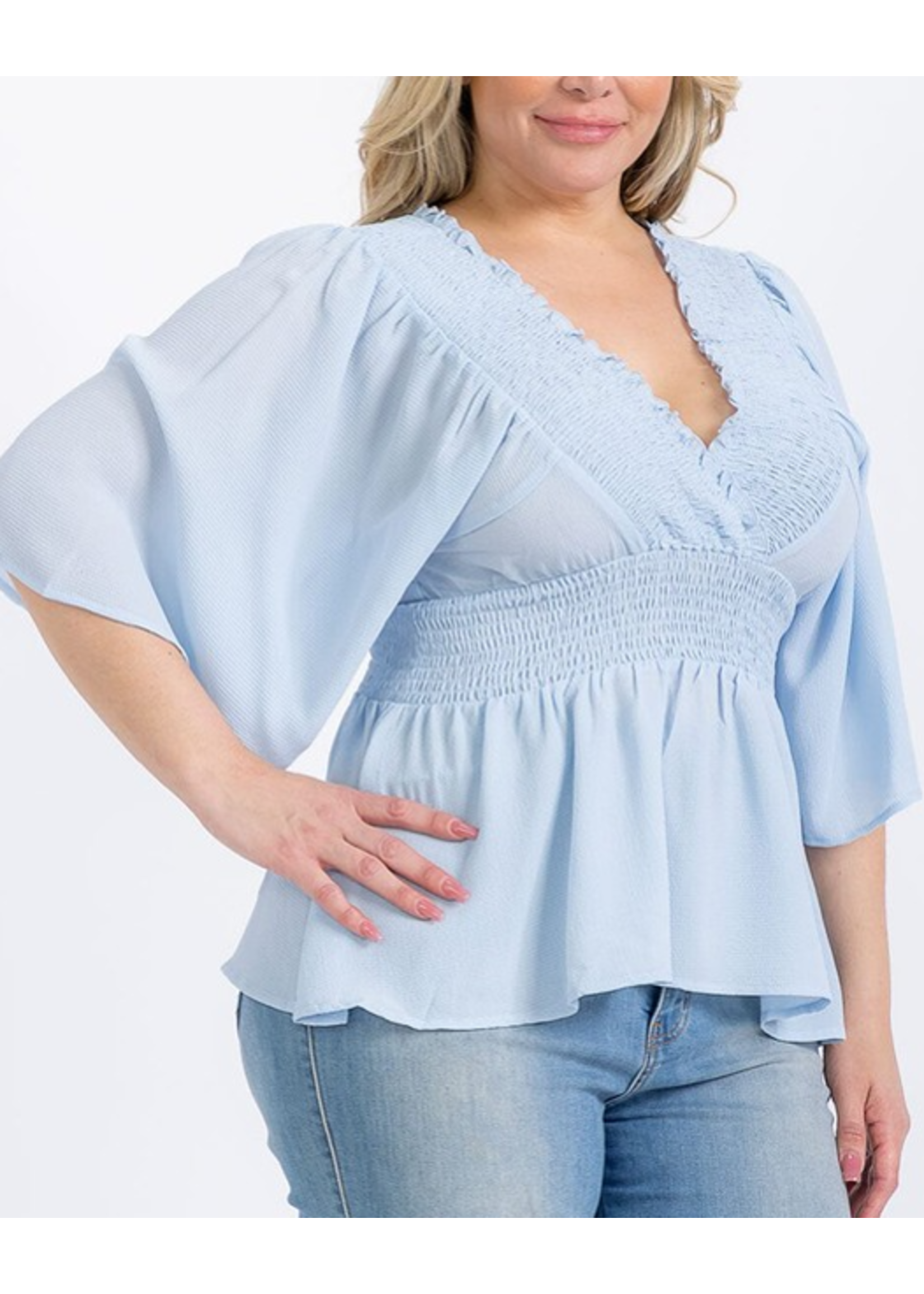 SMH14591PLWT - Plus Size Smocked V-neck Short-sleeve Blouse