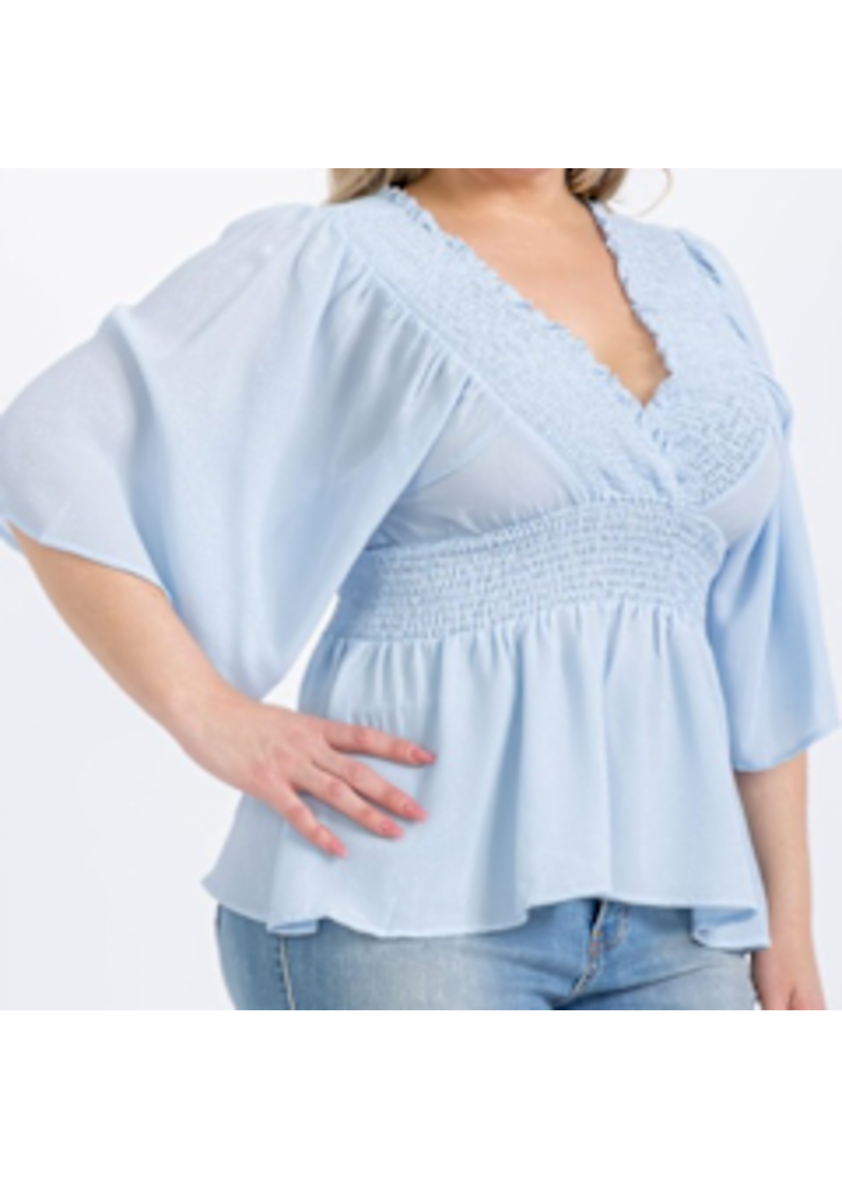 SMH14591PLWT - Plus Size Smocked V-neck Short-sleeve Blouse