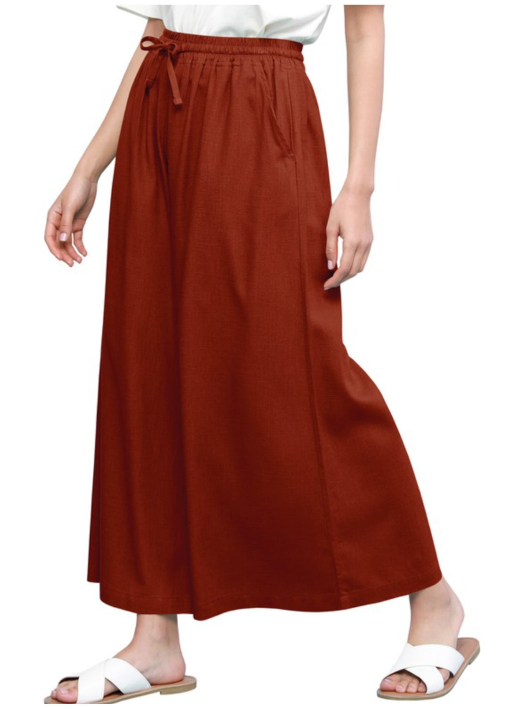 MJWB2283 - Washed Cropped Linen Wide Leg Pocket Pant Draw String