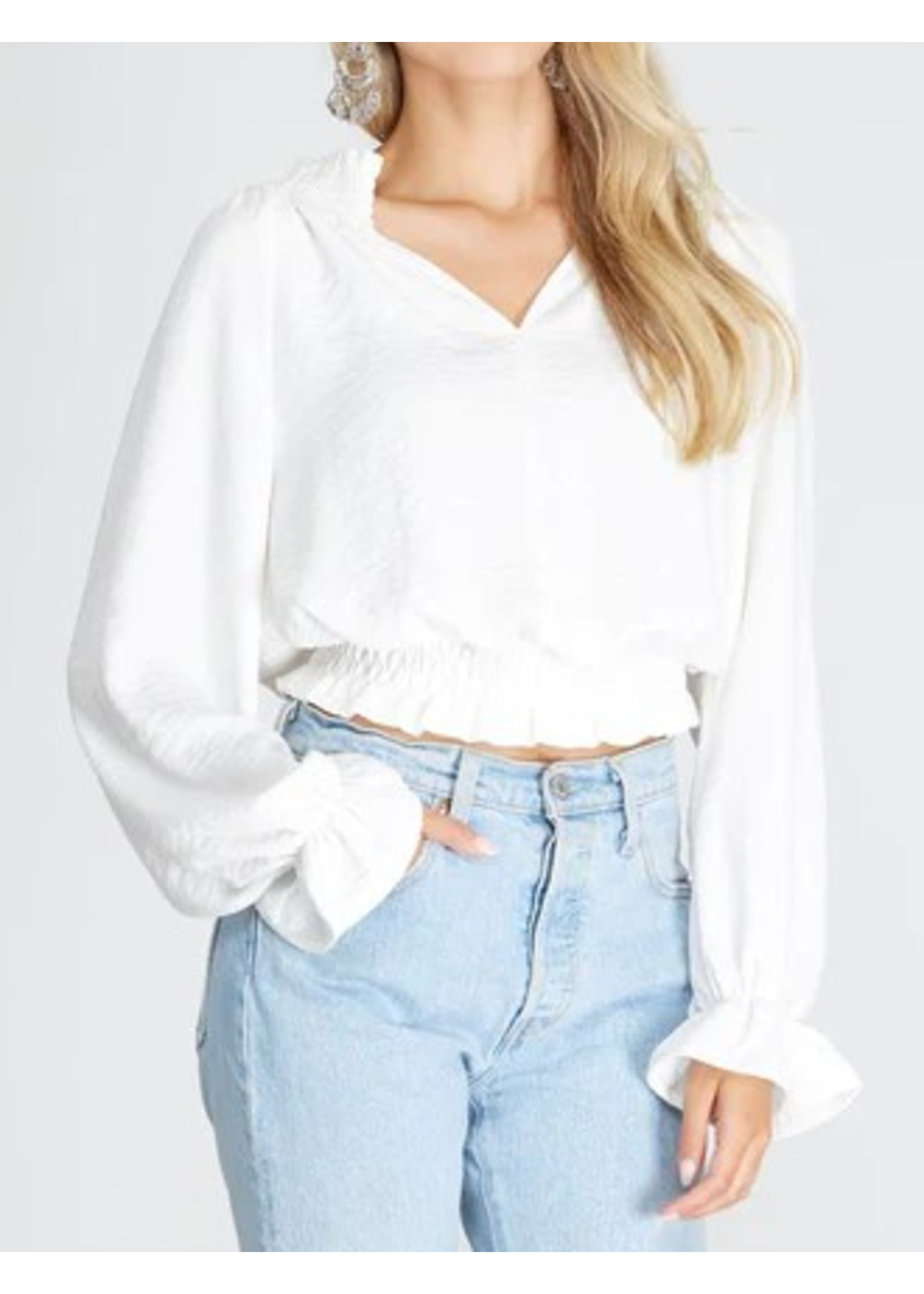 SSSS8265 - Smocked Neck Waistband Long Sleeves Woven Top