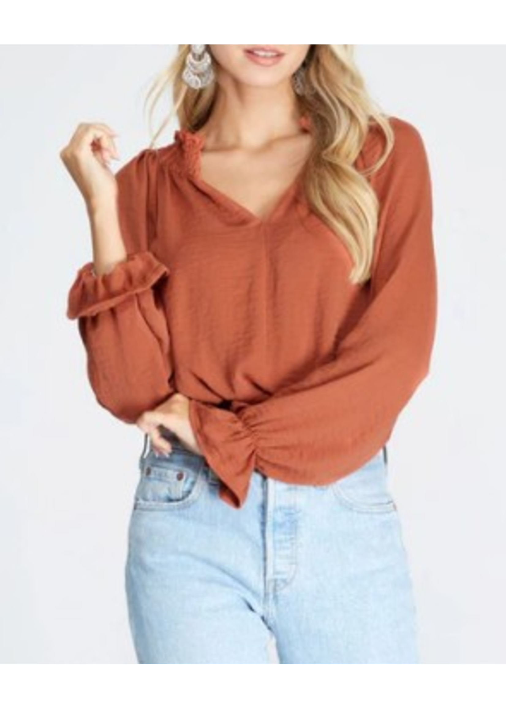 SSSS8265 - Smocked Neck Waistband Long Sleeves Woven Top