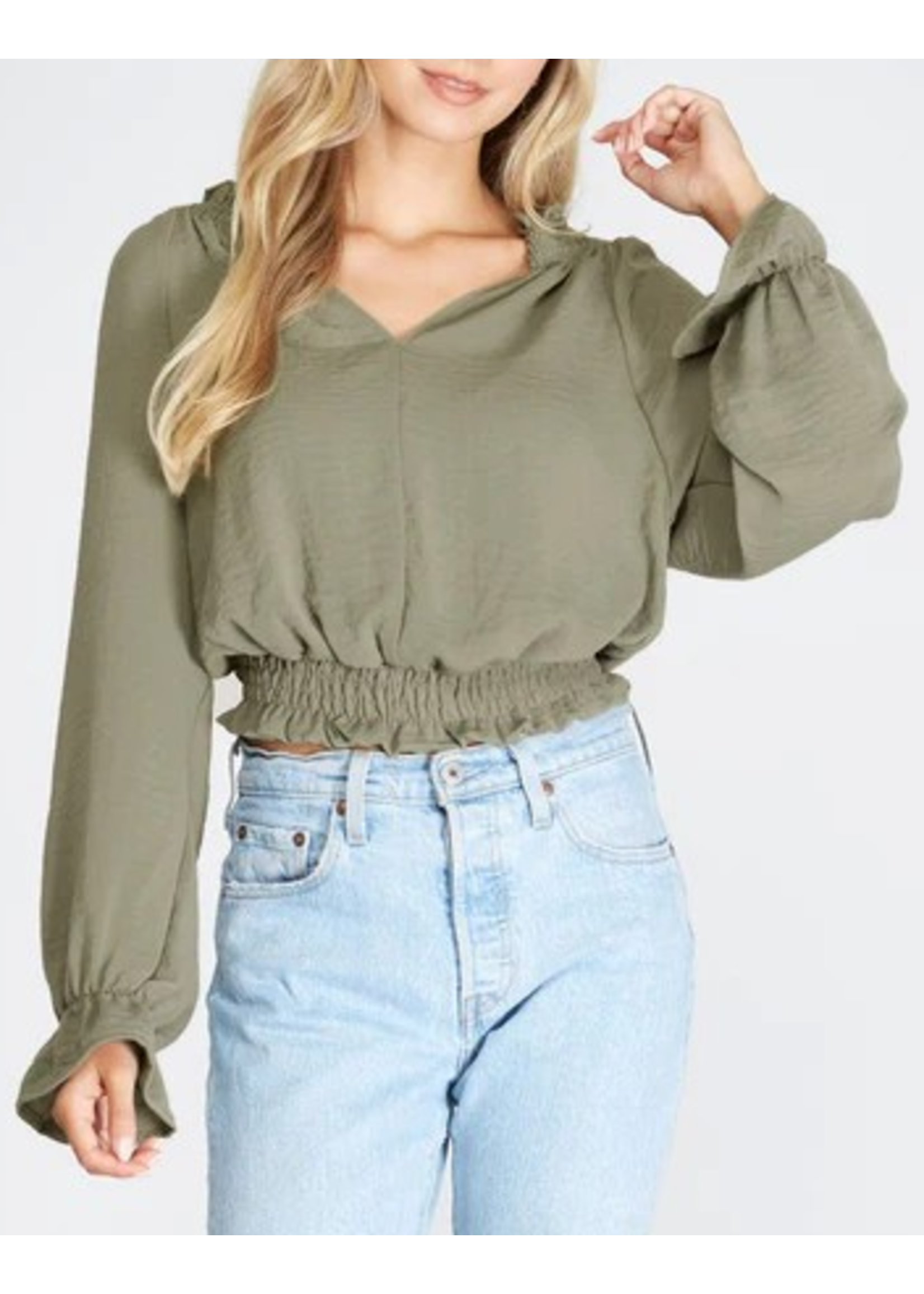 SSSS8265 - Smocked Neck Waistband Long Sleeves Woven Top
