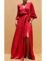 DDDD7536 - V Neck Satin Puff Sleeved Gown
