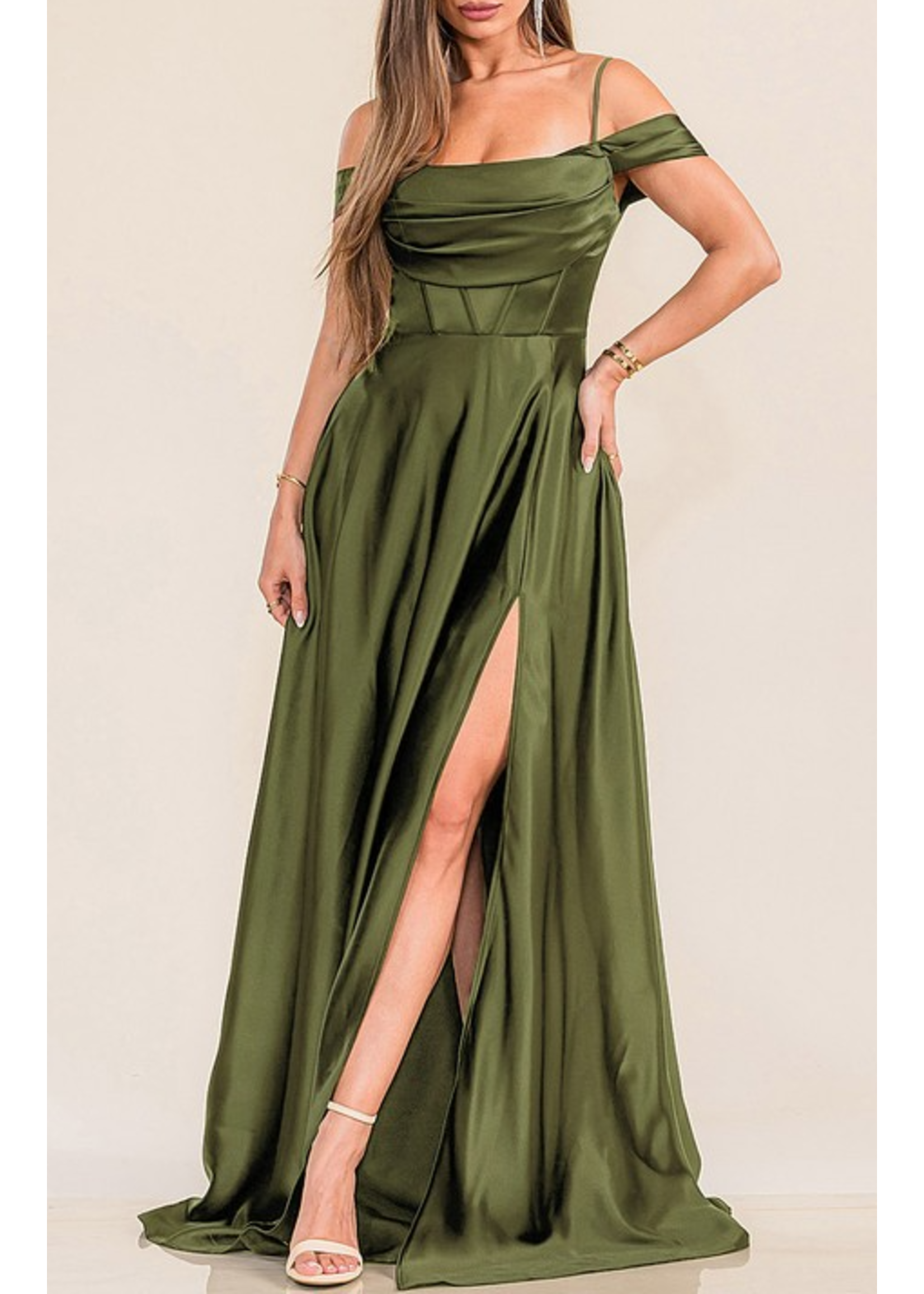 MUMF22712 - OFF SHOULDER SATIN A LINE GOWN