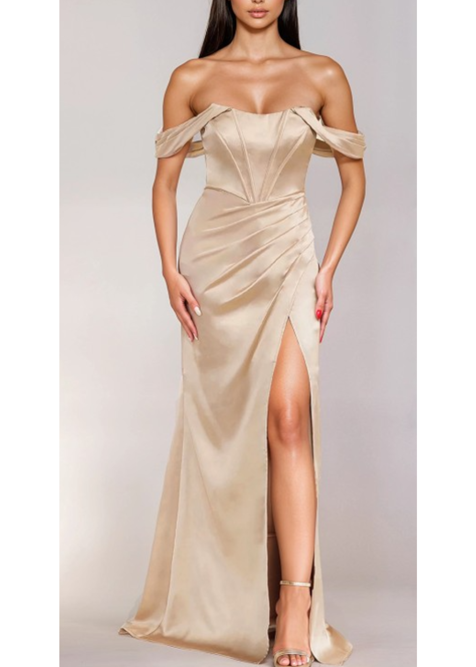 MUMF21193 - OFF SHOULDER SATIN GOWN W SLIT