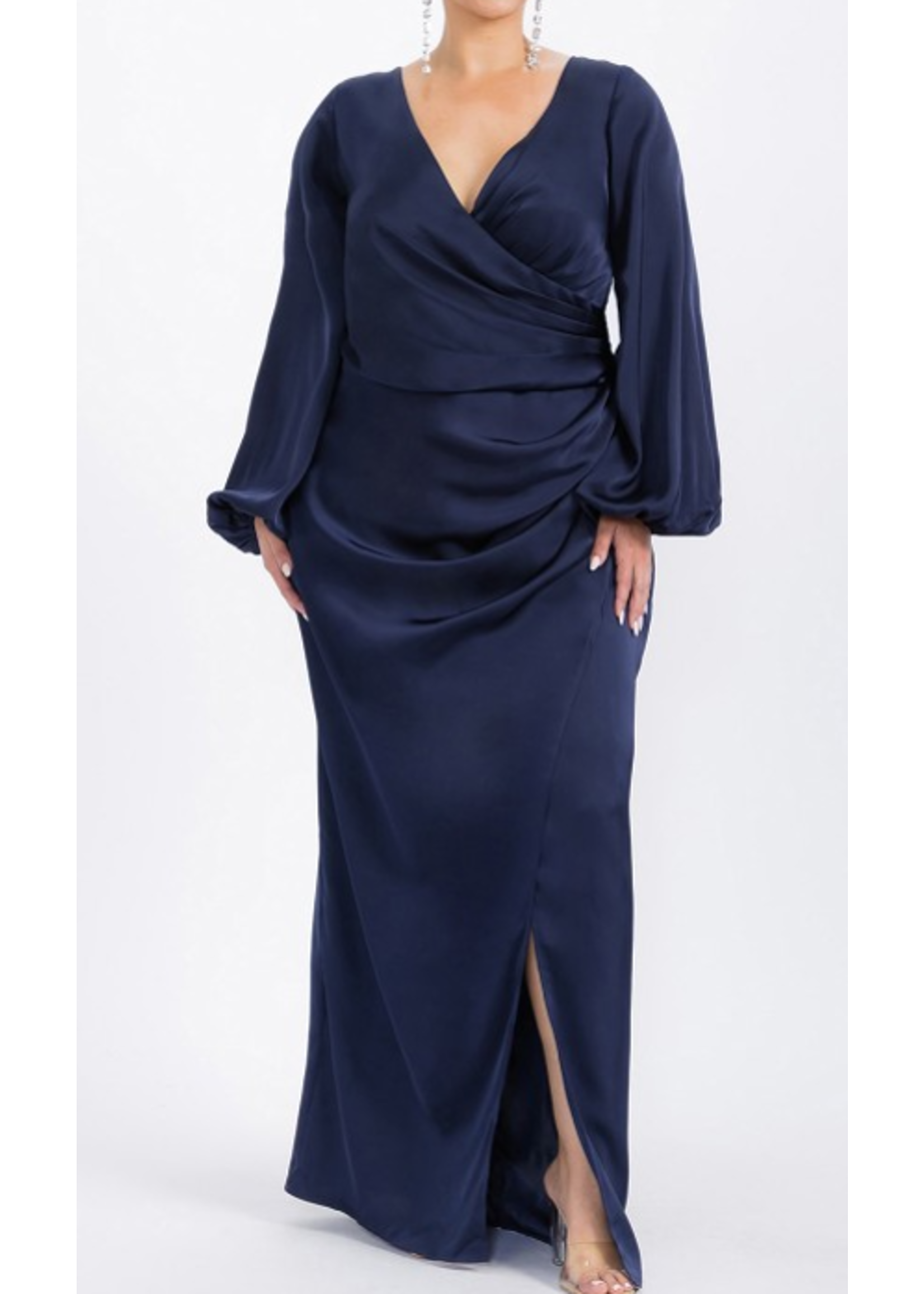 MUMF22939 - Plus Size Long Sleeve Wrap Evening Gown
