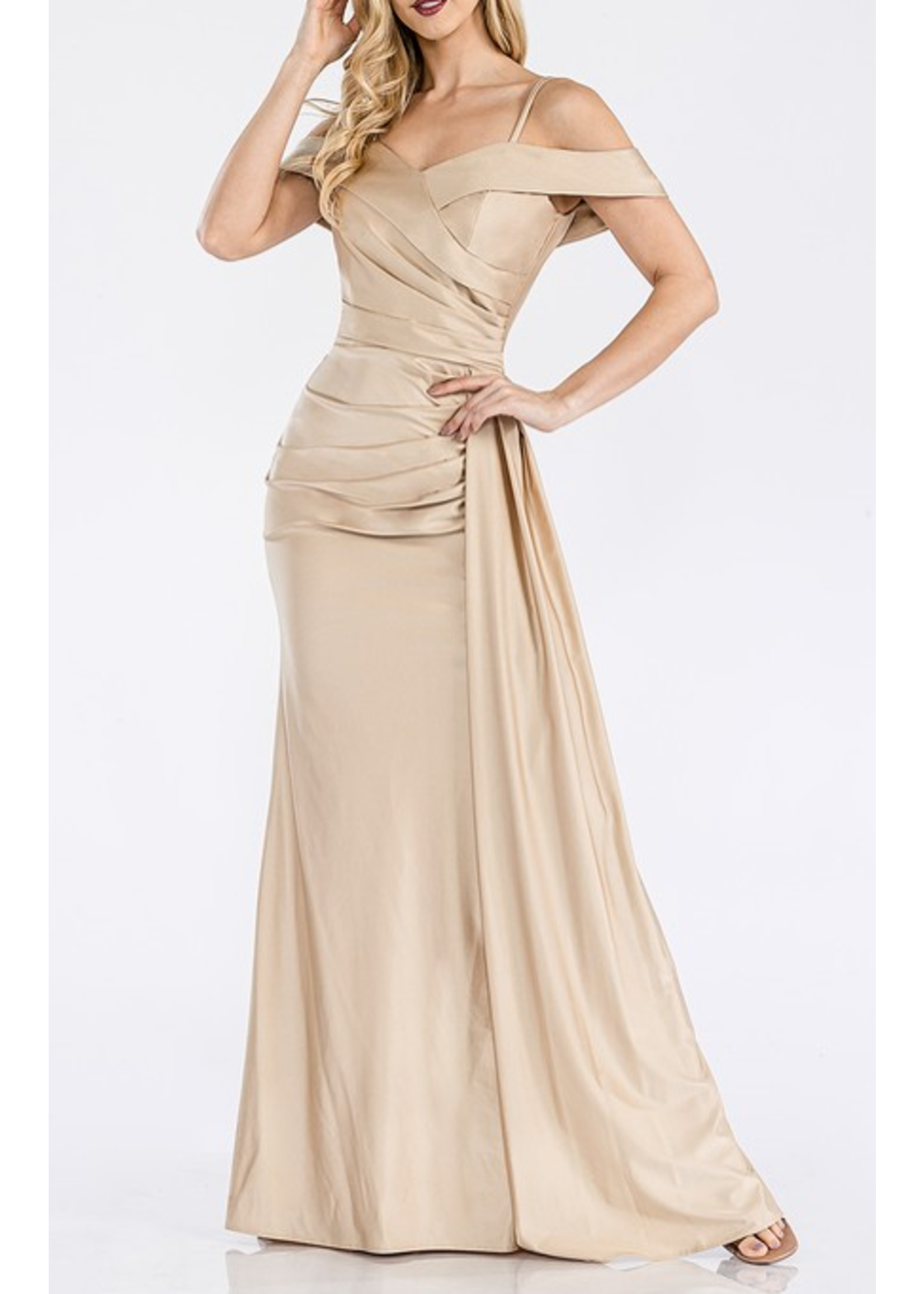 LEN5320 - OFF SHOULDER GOWN W SIDE RUCHING