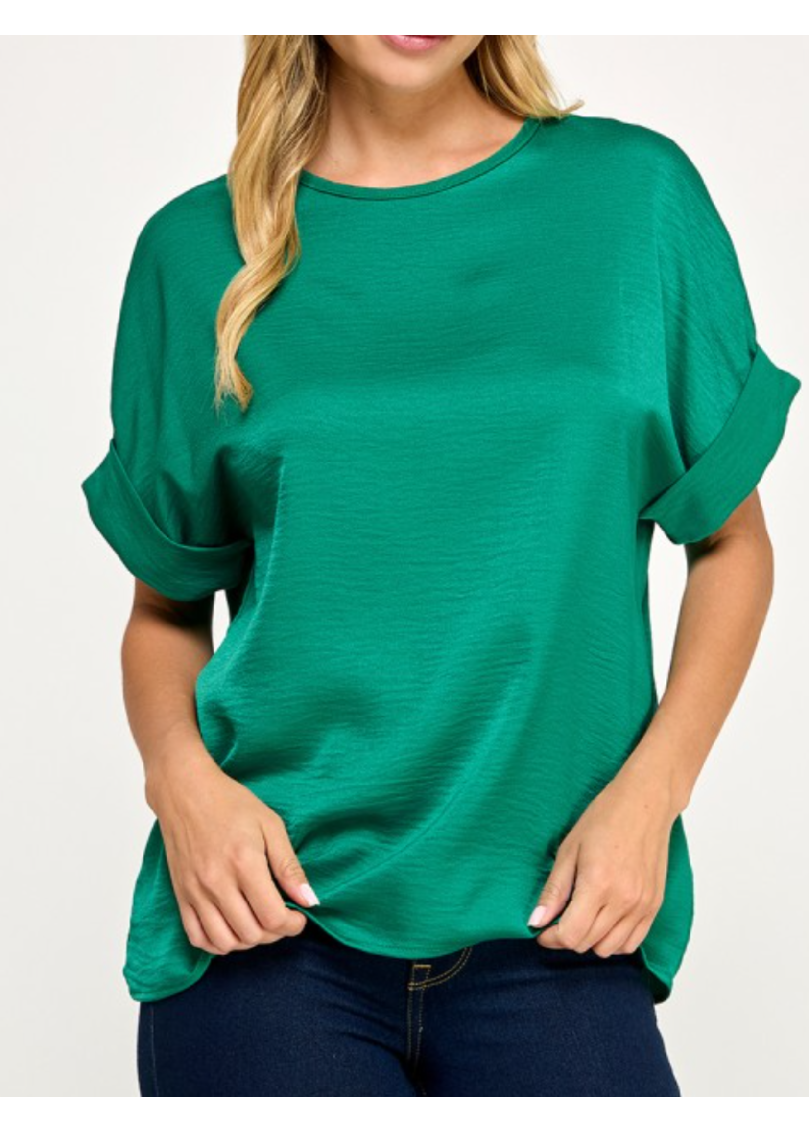 2HT4126 - SATIN AIRFLOW CUFFED SHORT SLEEVE TOP W PEARL BUTTON ENCLOSURE