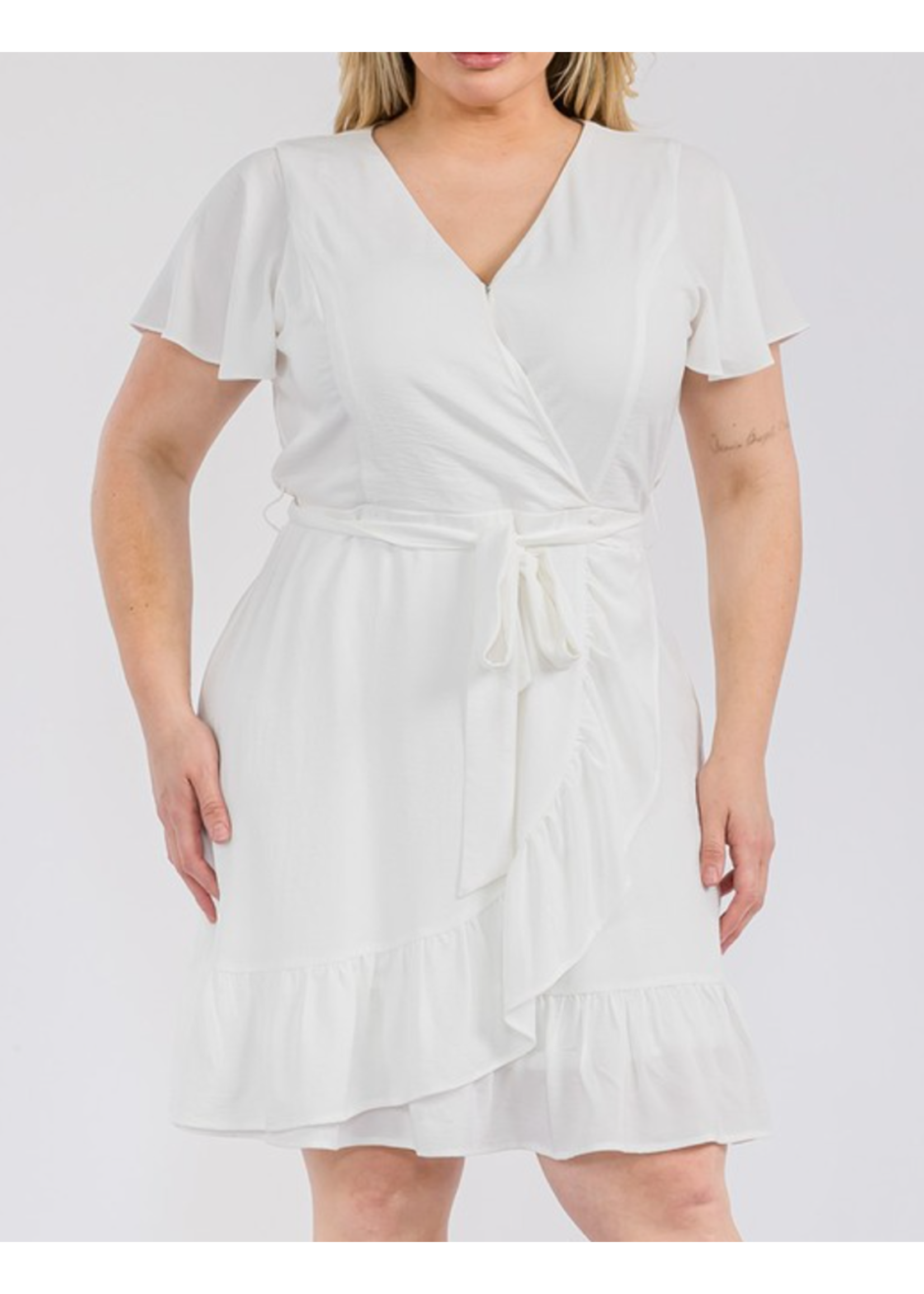 TPITD588 - Plus Ruffled Surplice Neck Waist Tie Dress
