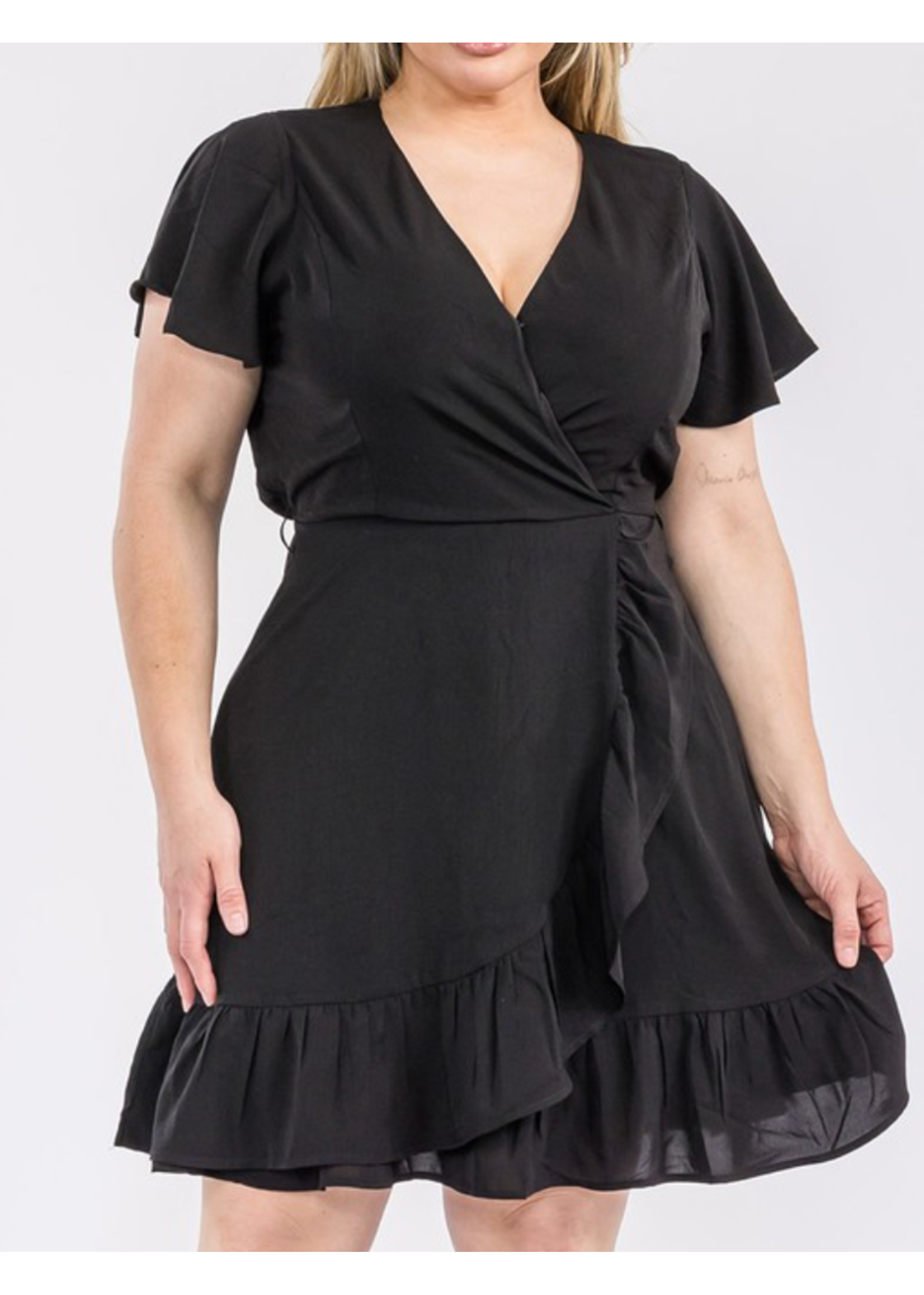 TPITD588 - Plus Ruffled Surplice Neck Waist Tie Dress