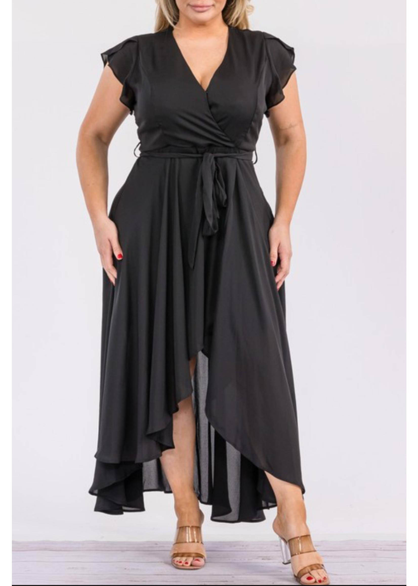 TPITD5641 - Plus Surplice Neckline High-low Maxi Dress