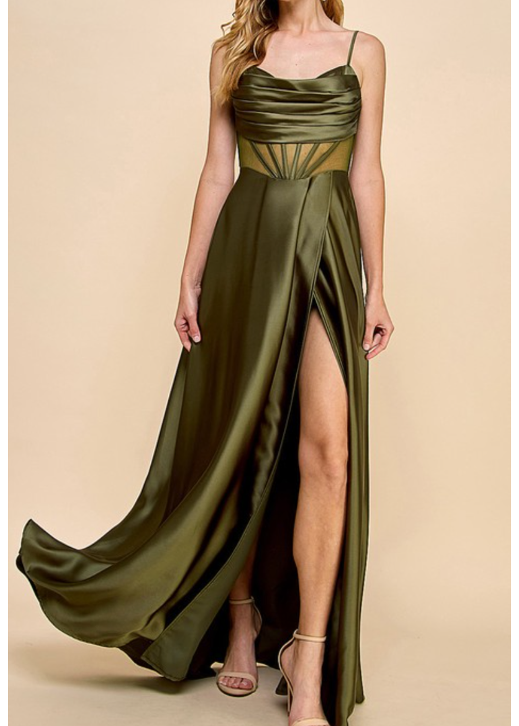 MAMF21923 - Satin A-Line Gown w Exposed Corsett