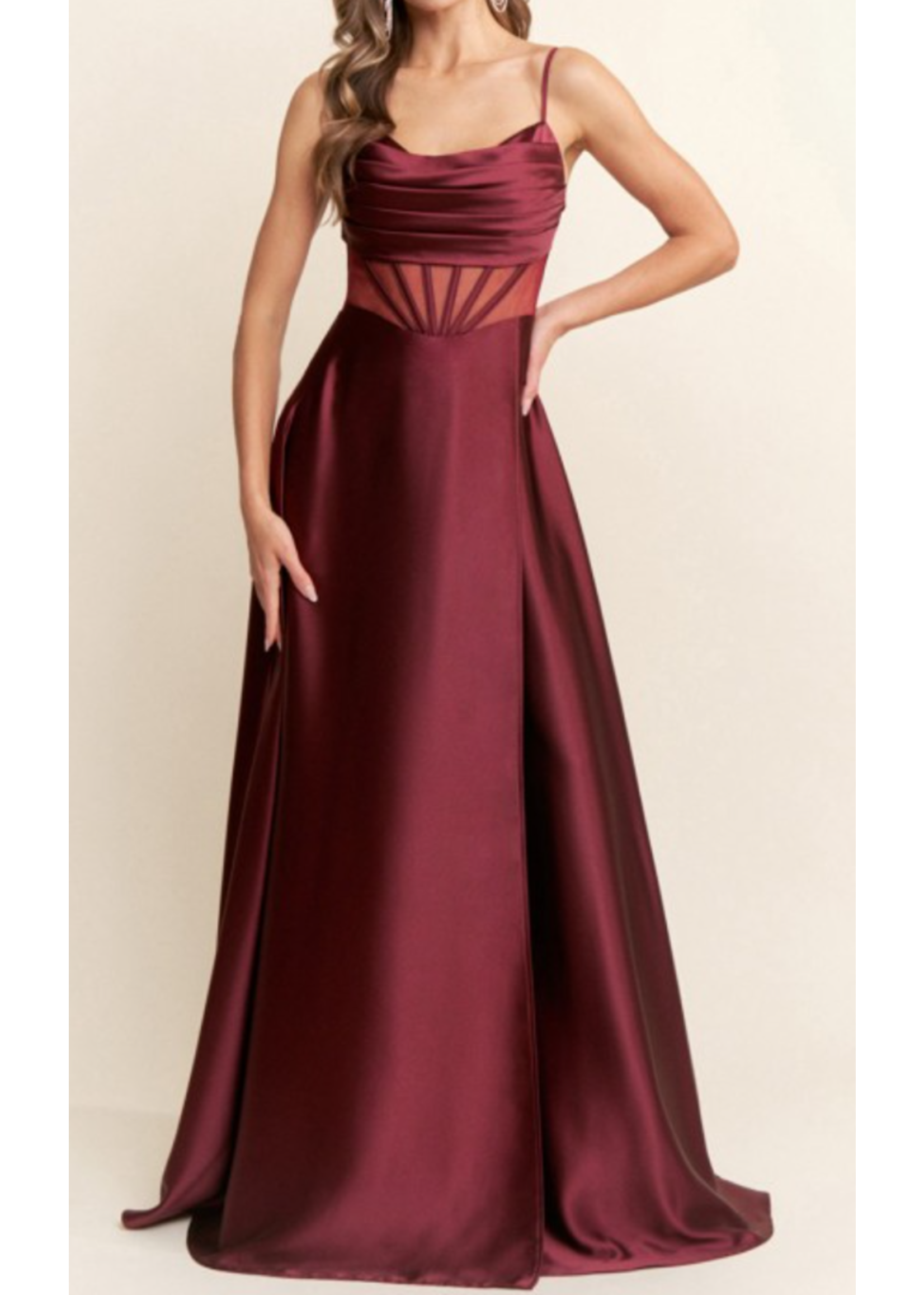 MAMF21923 - Satin A-Line Gown w Exposed Corsett