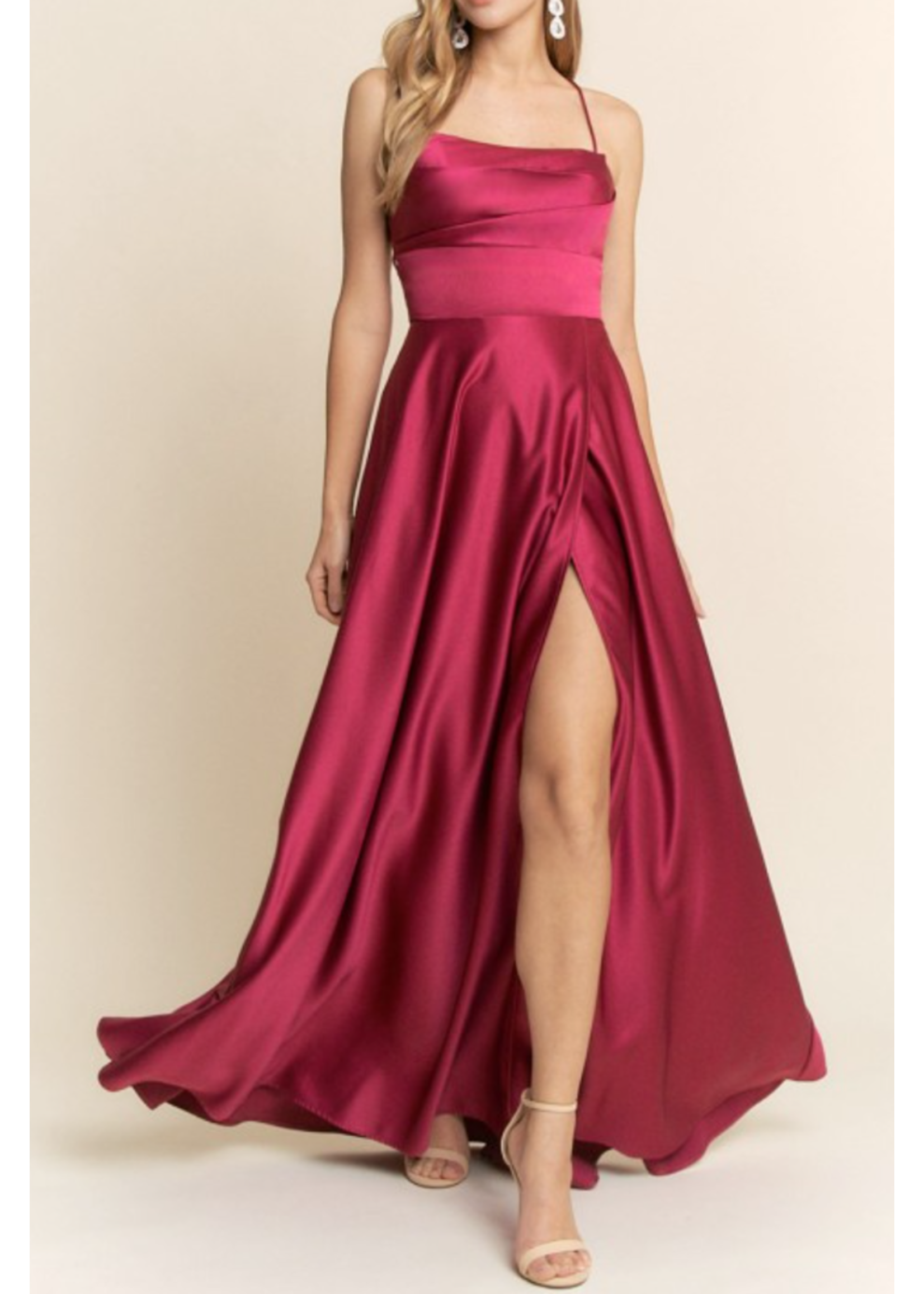 MAMF21718 - High Leg Slit A Line Satin Maxi Dress