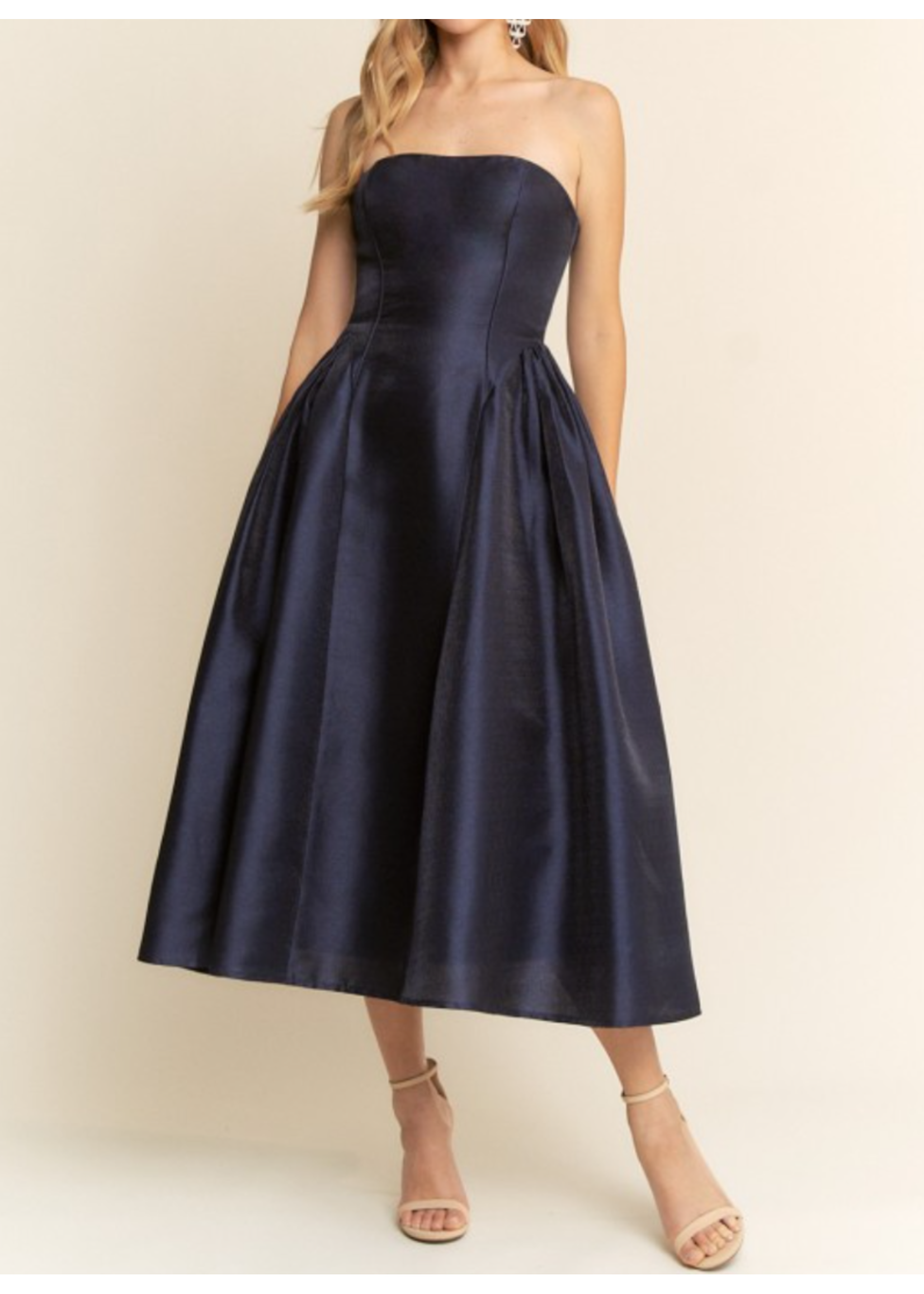 MAMF22950 - Strapless Midi Length Gown w Side Shirring Detail