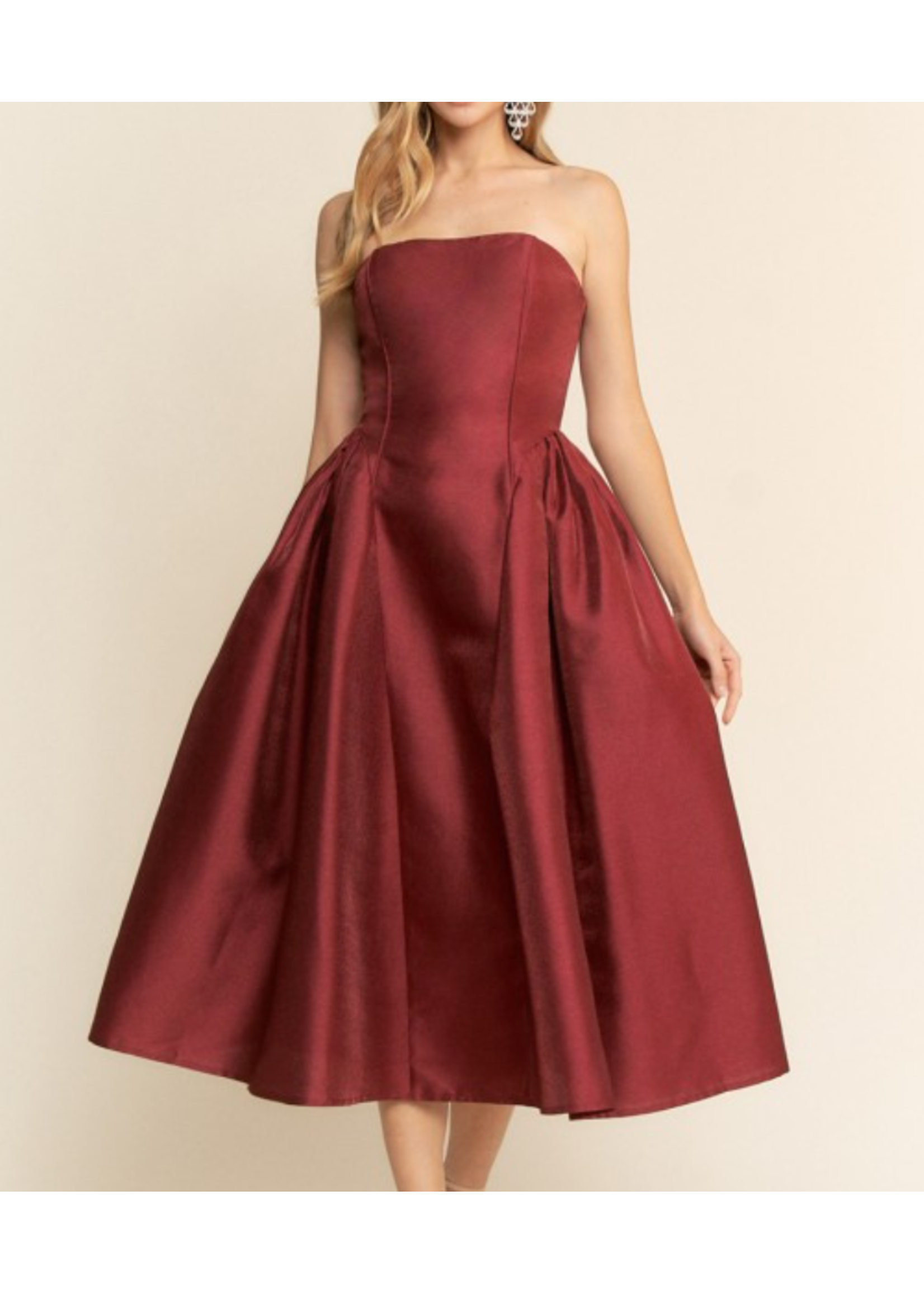 MAMF22950 - Strapless Midi Length Gown w Side Shirring Detail