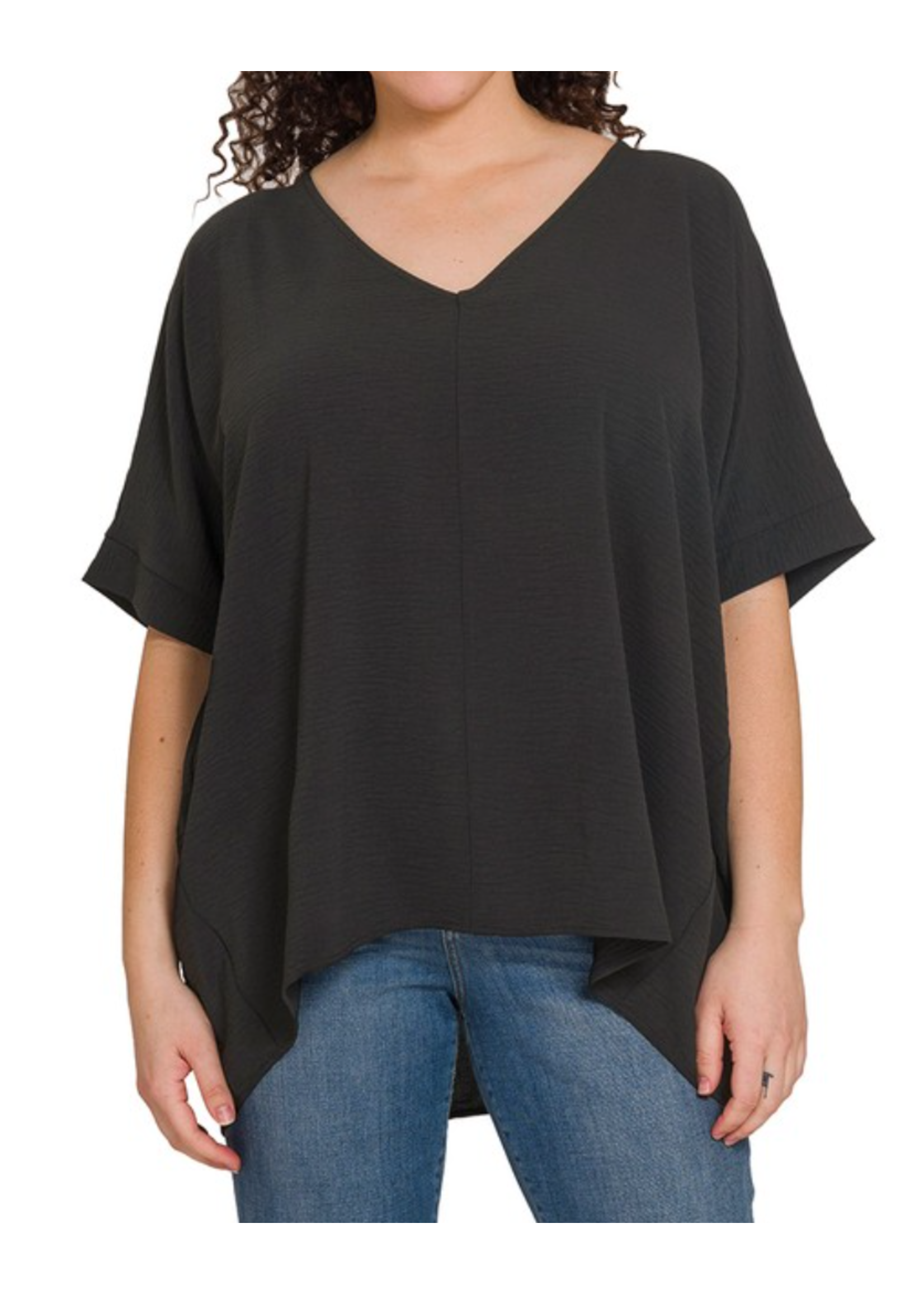 ZNQT1214 - Plus Woven Airflow V-neck Dolman Short Sleeve Top