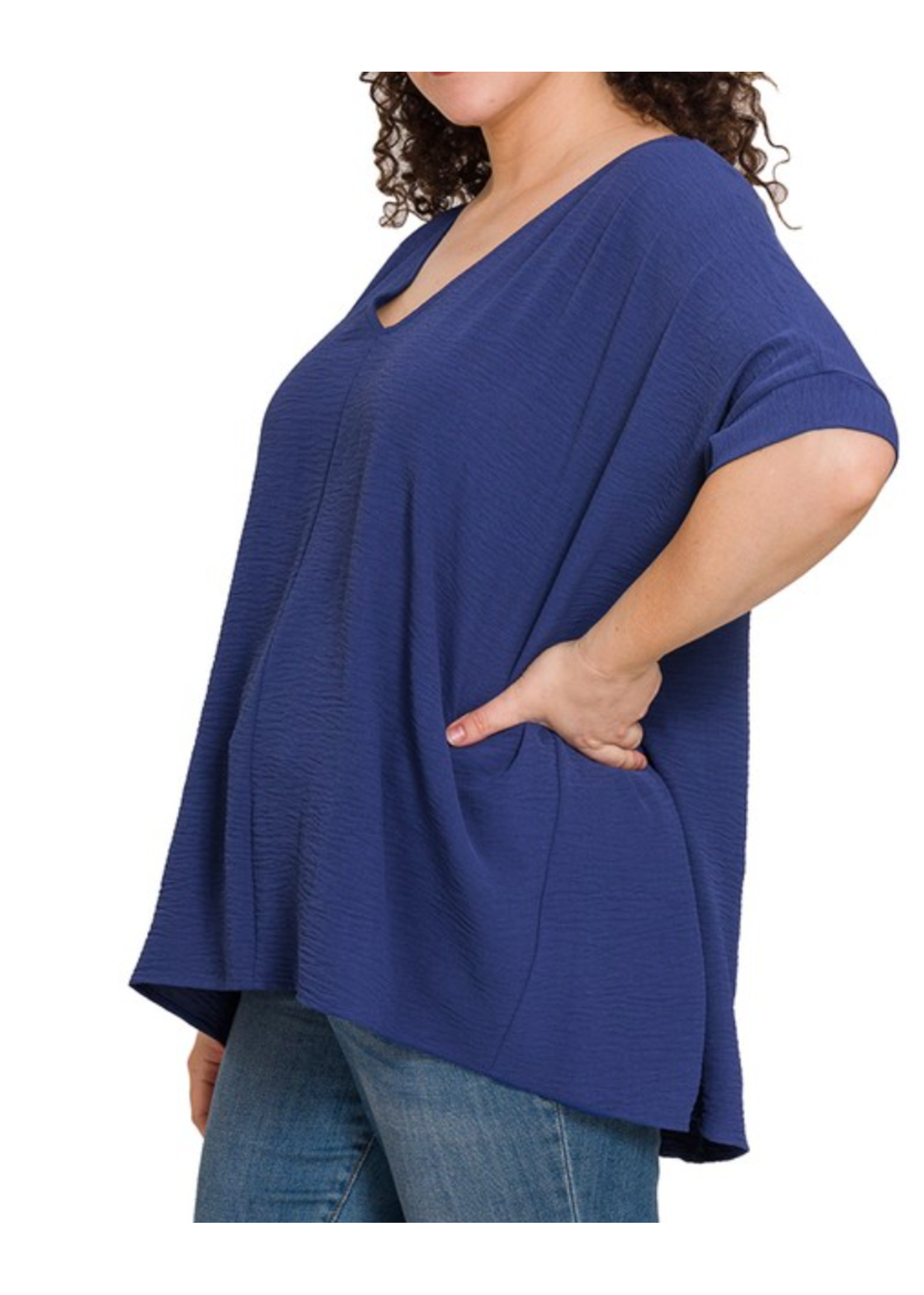 ZNQT1214 - Plus Woven Airflow V-neck Dolman Short Sleeve Top