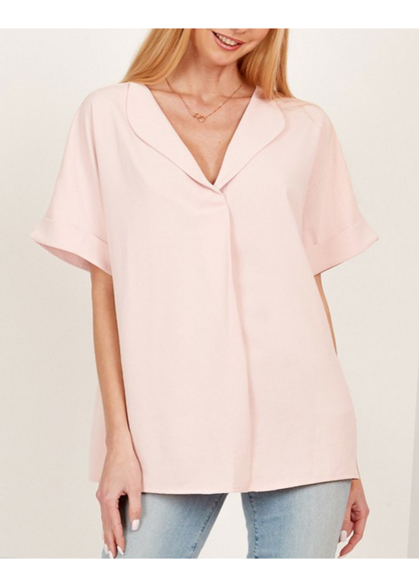 SLSPT5068P - Plus Solid Collared Short Sleeve Boxy Top