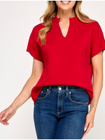 2HT4103 - MANDARIN COLLAR VNECK TOP W SHORT SLEEVE