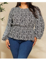 OIIT15144P - PEPLUM HEM ZEBRA PRINTED BLOUSE W SMOCKED NECKLINE