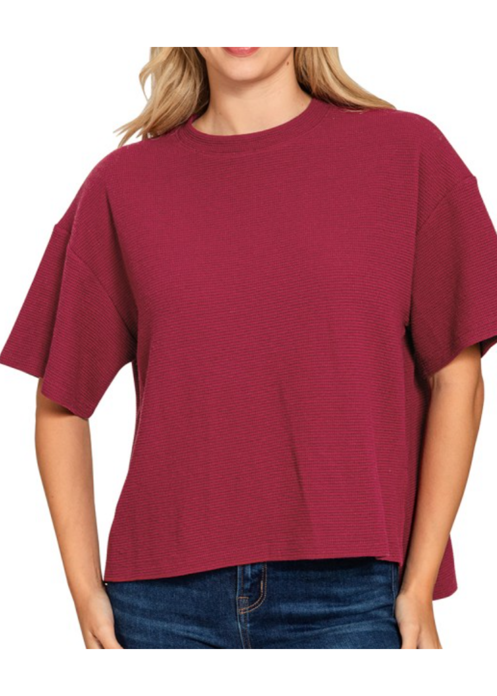 ZNHT2685D4 - Double Knit Side Slits Hi Low Short Sleeve Top