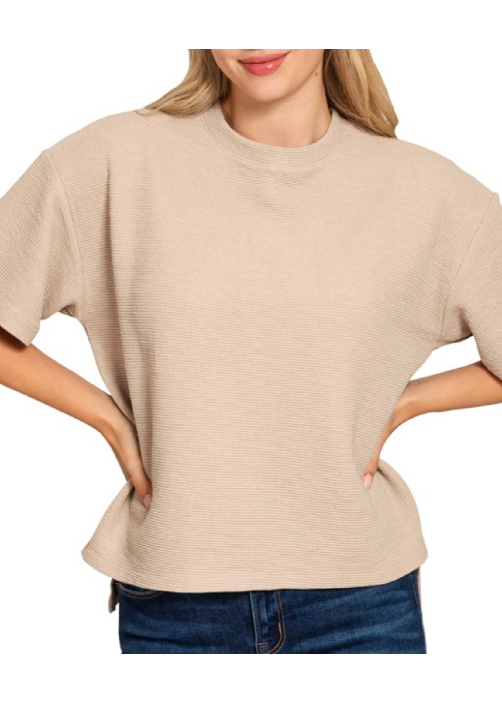 ZNHT2685D4 - Double Knit Side Slits Hi Low Short Sleeve Top