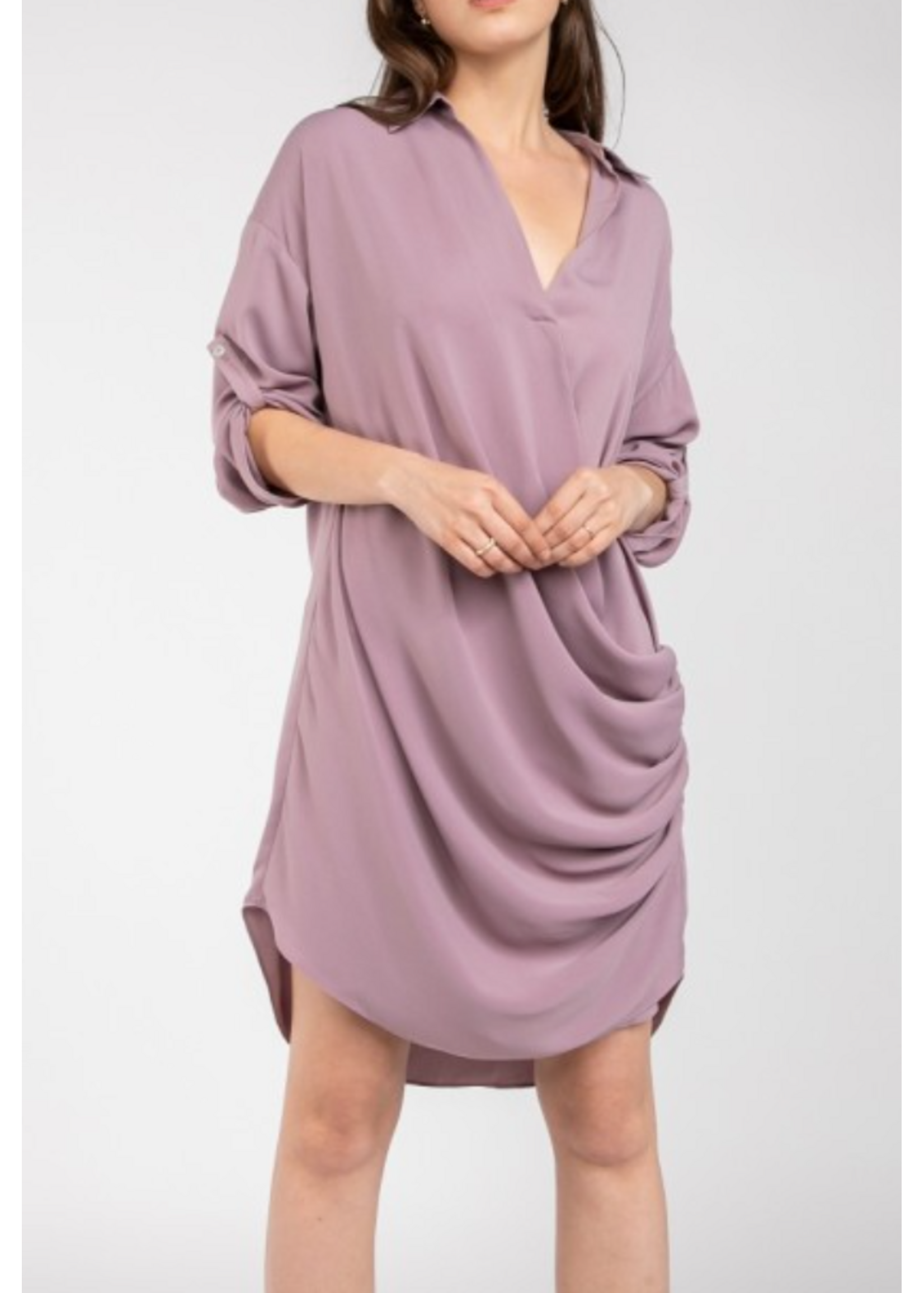 NZJD1159 -  SLEEVED MINI COWL FRONT SHIRT DRESS
