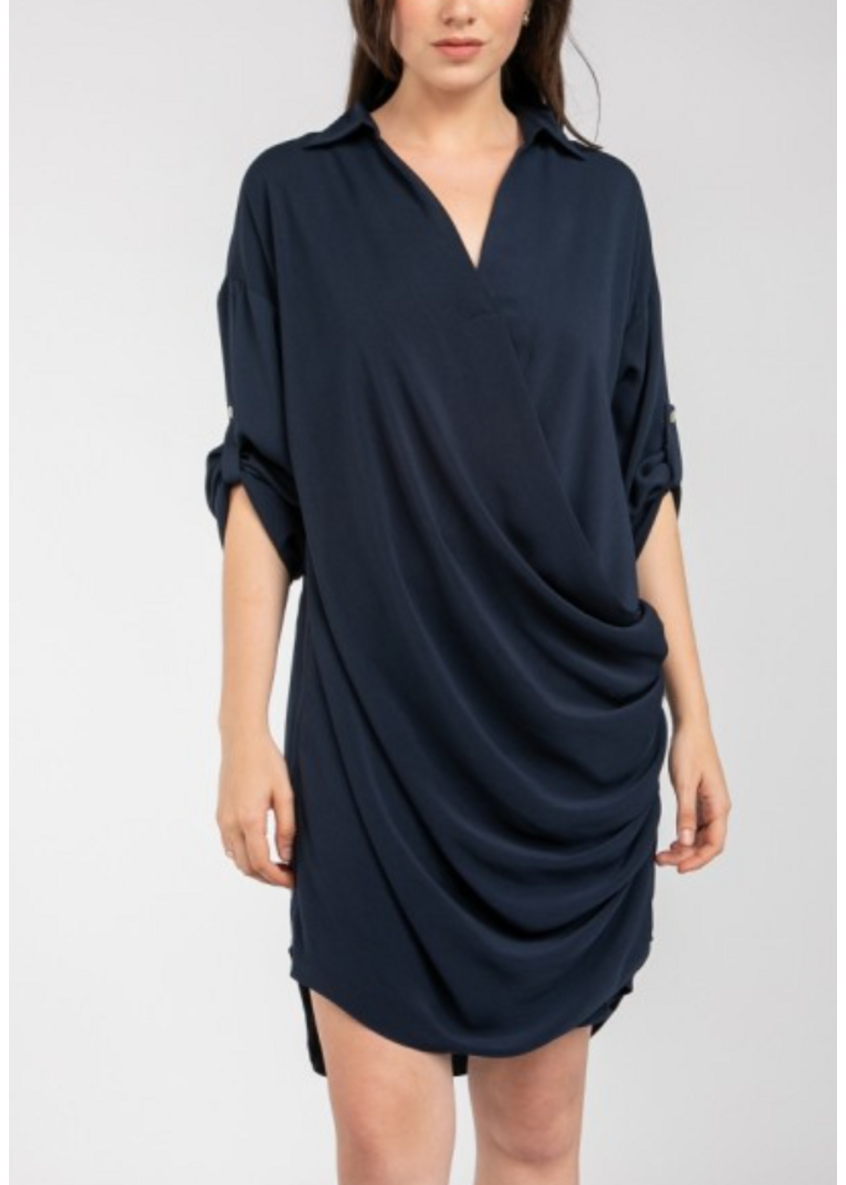 NZJD1159 -  SLEEVED MINI COWL FRONT SHIRT DRESS