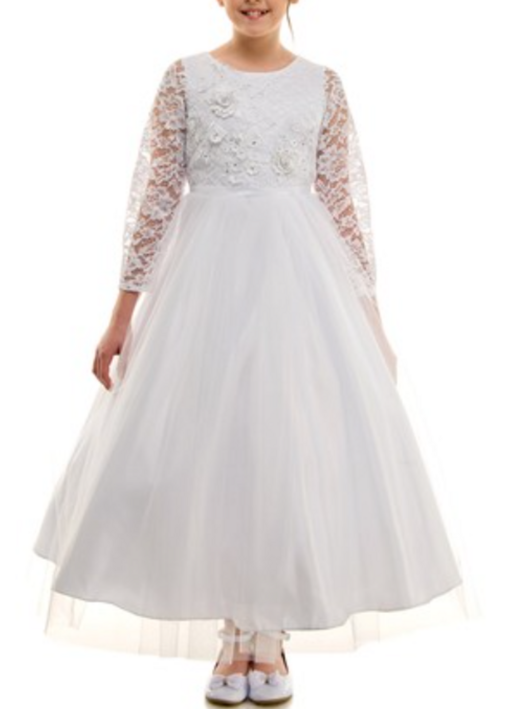 BP410 - First Communion Lace Sleeve Dress With 3d Flower
