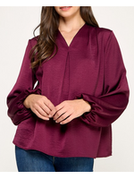 2HT4127 - SATIN VNECK TOP W LONG SLEEVE AND ELASTIC CUFF ON THE WRIST