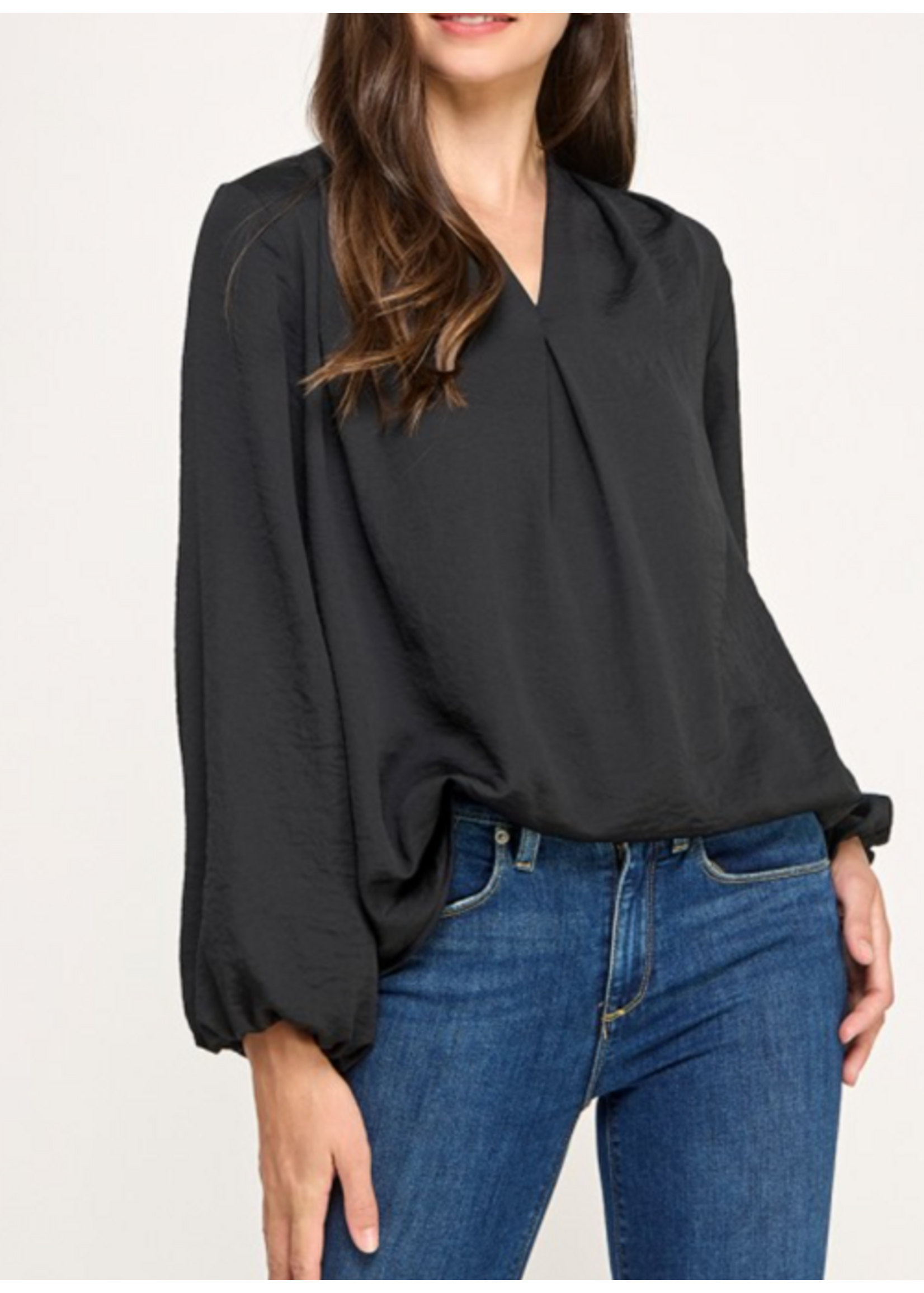 2HT4127 - SATIN VNECK TOP W LONG SLEEVE AND ELASTIC CUFF ON THE WRIST