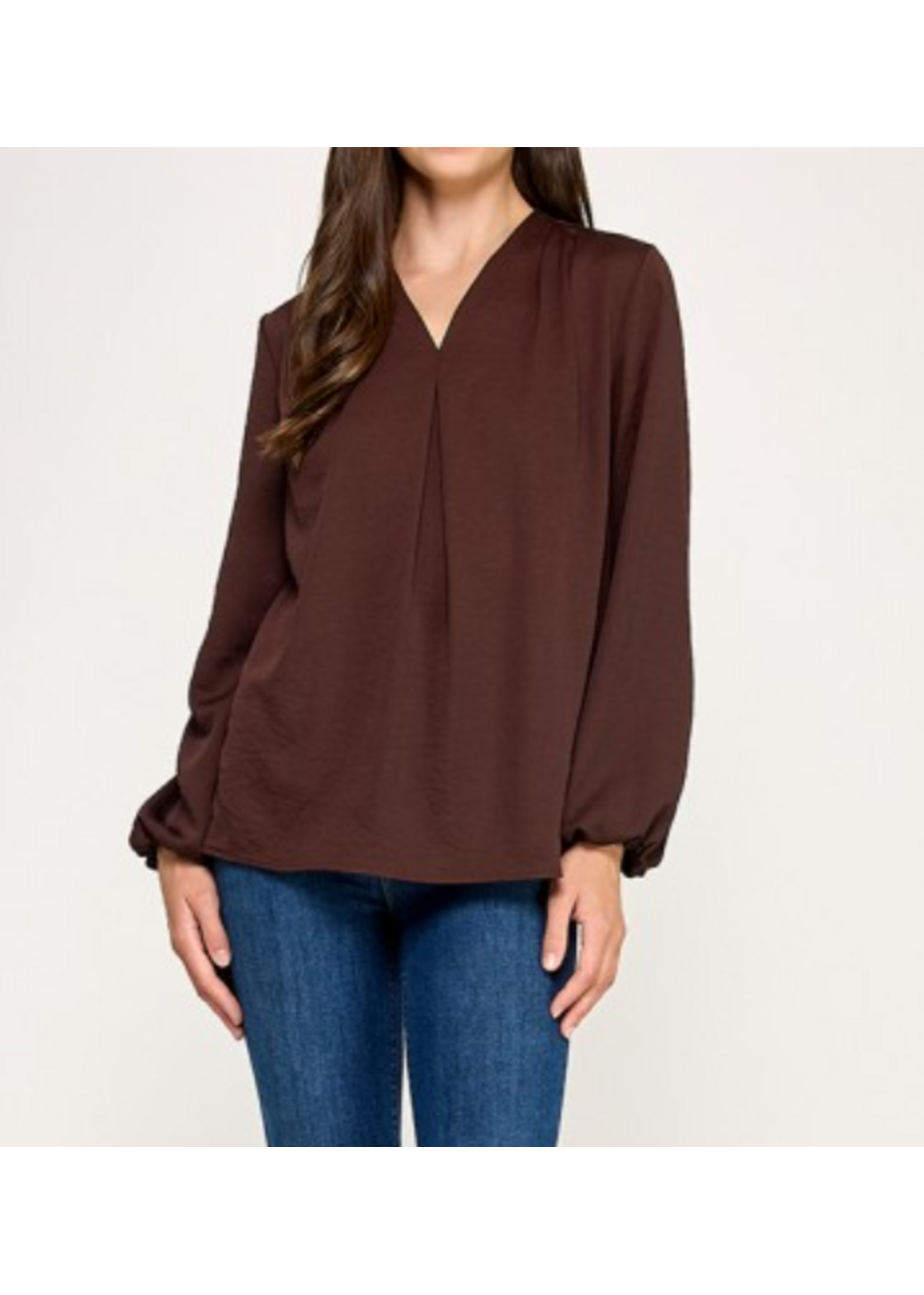2HT4127 - SATIN VNECK TOP W LONG SLEEVE AND ELASTIC CUFF ON THE WRIST