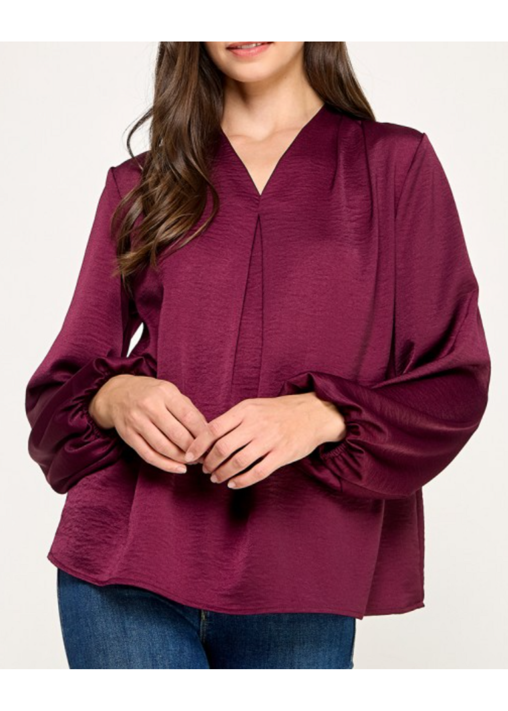 2HT4127 - SATIN VNECK TOP W LONG SLEEVE AND ELASTIC CUFF ON THE WRIST