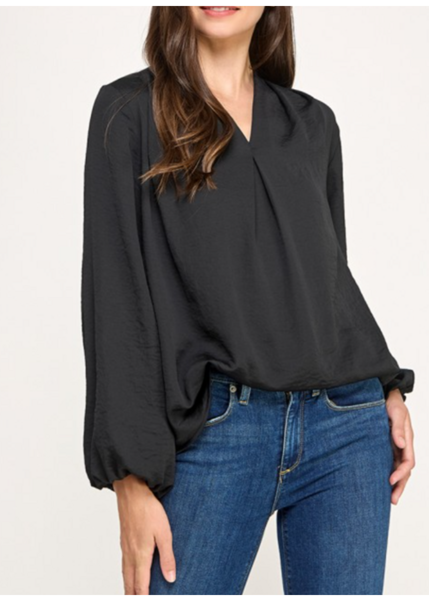 2HT4127 - SATIN VNECK TOP W LONG SLEEVE AND ELASTIC CUFF ON THE WRIST